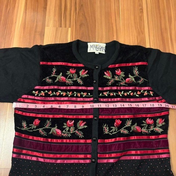 black and pink velvet floral knit cardigan with ribbon and floral embroidery
