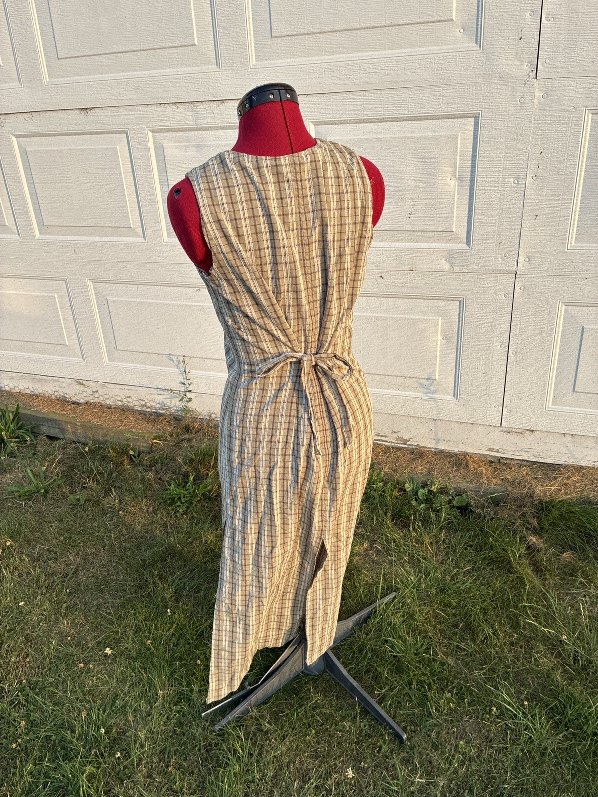 Beautiful Vintage 90s Handmade Plaid Midi Dress Beige And White