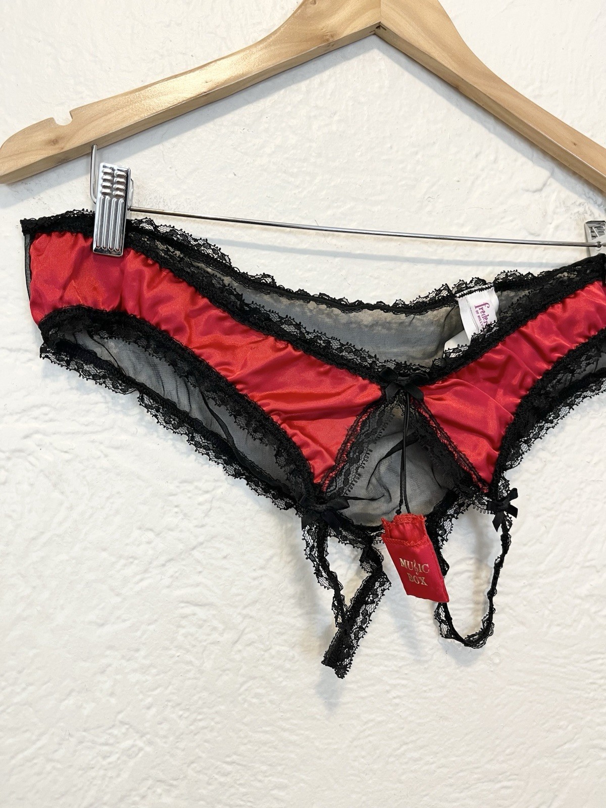 Vintage 90’s Fredericks of Hollywood Panties Crotchless Black Red Satin Sheer OS