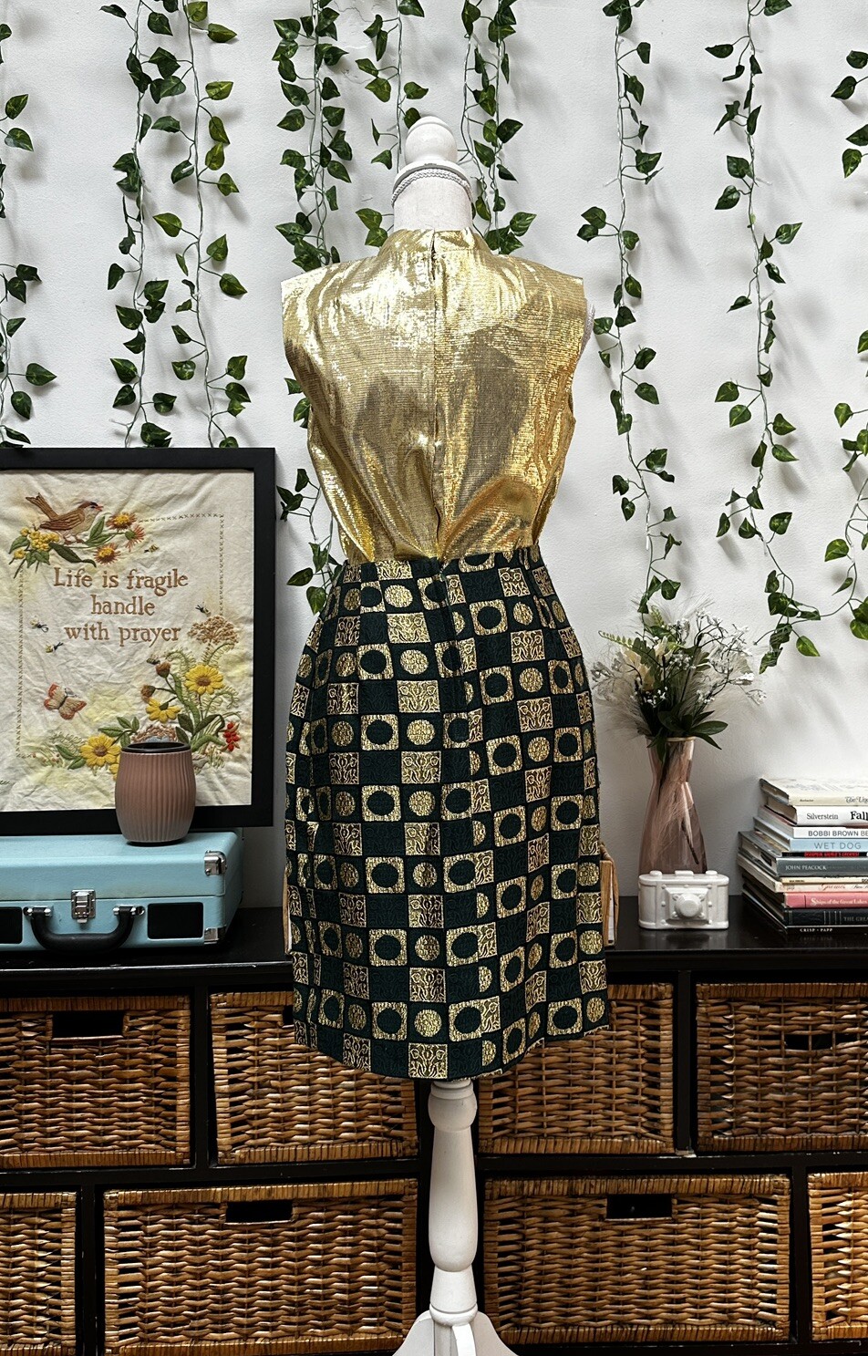 Vintage 60s Mini Dress Skirt Set Green Gold Lame Metallic Mod GoGo 2 pc XS