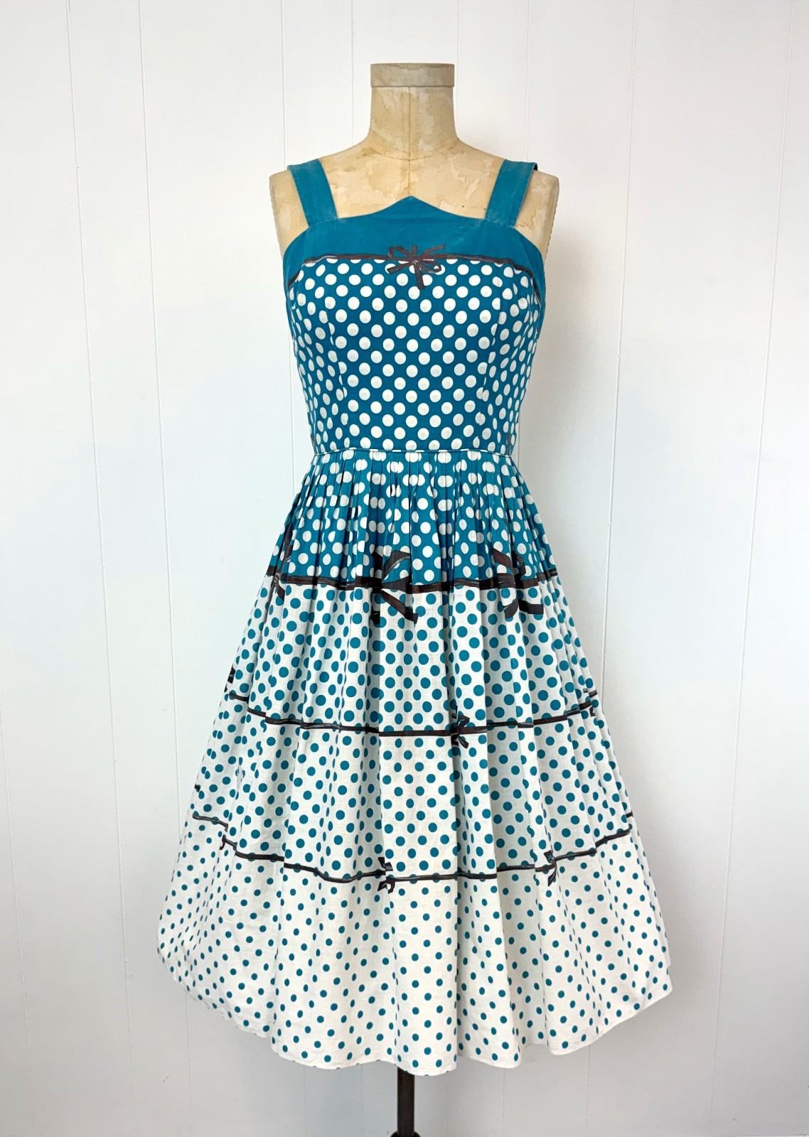 Vtg 1950s Polka Dot Trompe L’oeil Ribbon Blue White Cotton Pinup Day Dress