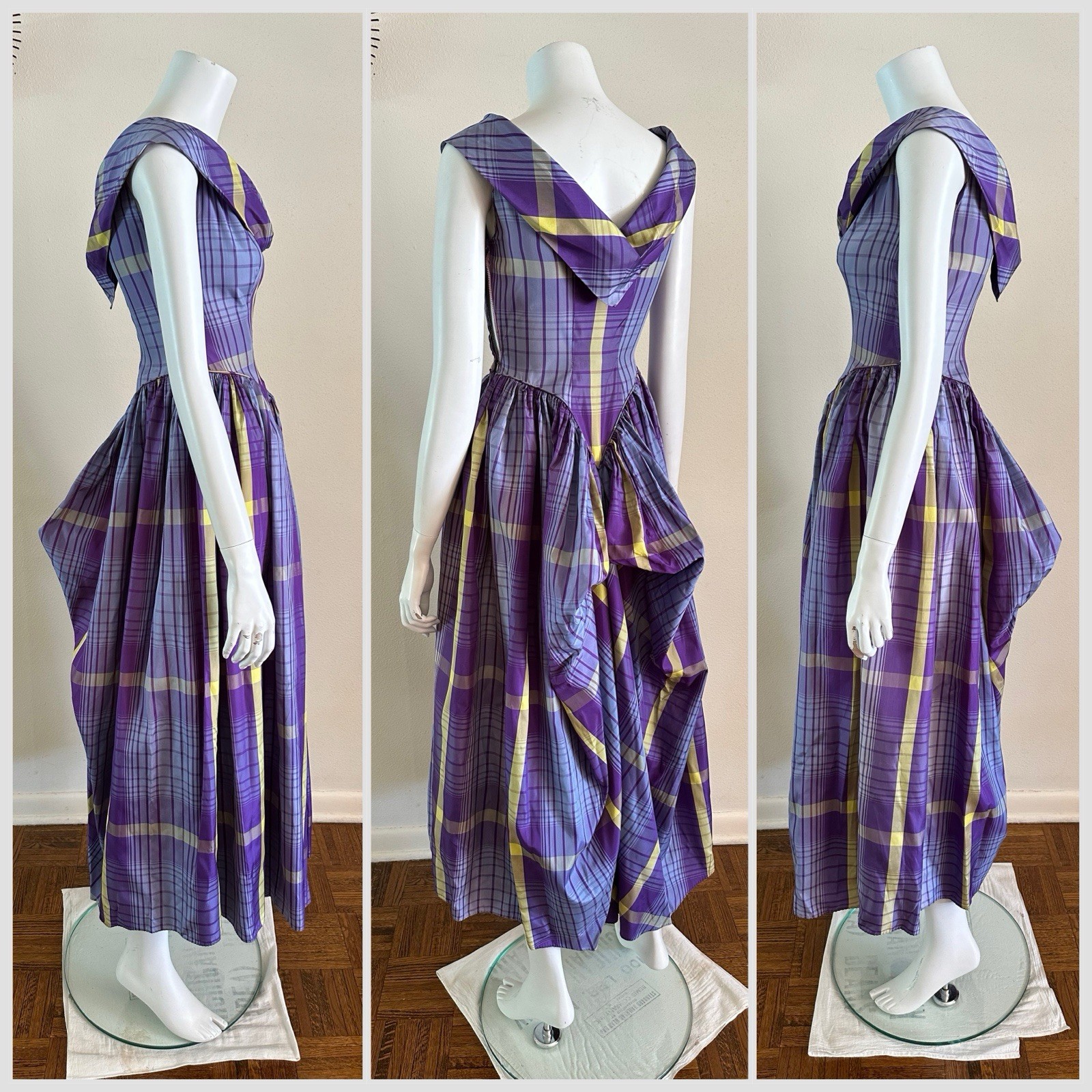 1940s A Bon-Ray Design Plaid Taffeta Party Dress Bustle Back Cocktail Gown VTG