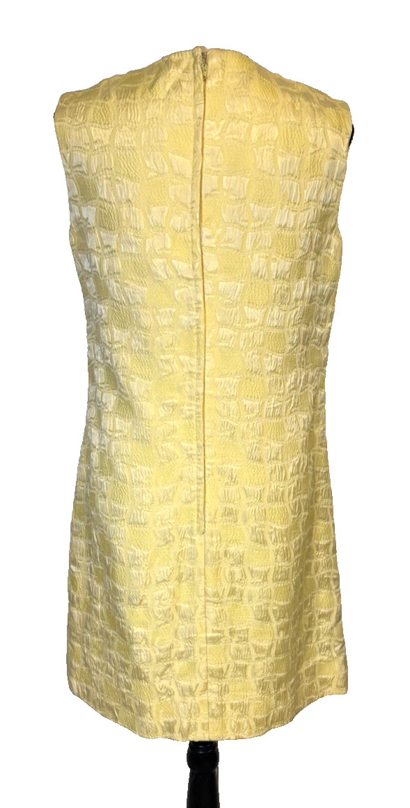 Vintage MOD 60’S Lemon YELLOW Geometric JACQUARD MINI COCKTAIL DRESS Pockets S/M