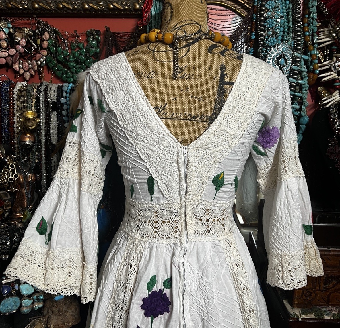 Stunning Oaxaca Mexican Pentuck White Multi Color Embroidery Crochet Dress XS/S