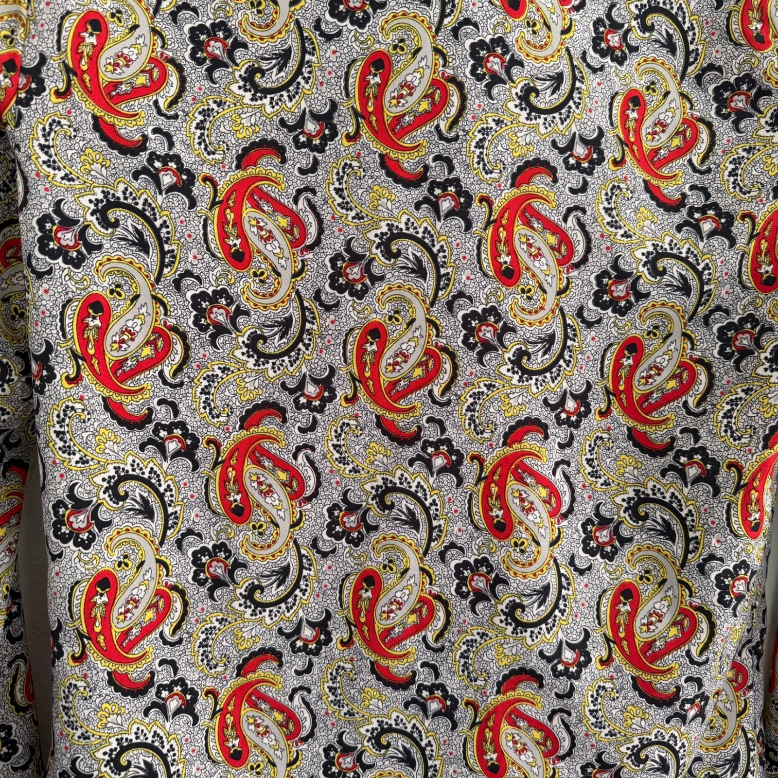 Vintage 70s ILGWU Paisley Tie Neck Pussy Bow Blouse Red Black Yellow Long Sleeve