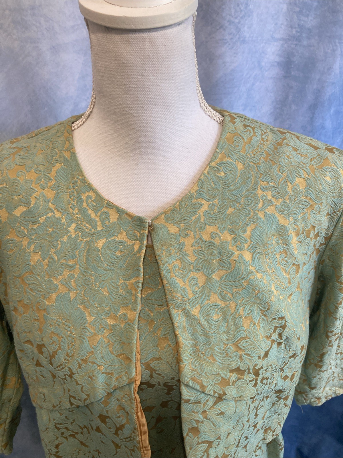 VTG 60s Brocade Wiggle Dress Jacket Belt Set Mint Gold Cocktail ILGWU USA S M