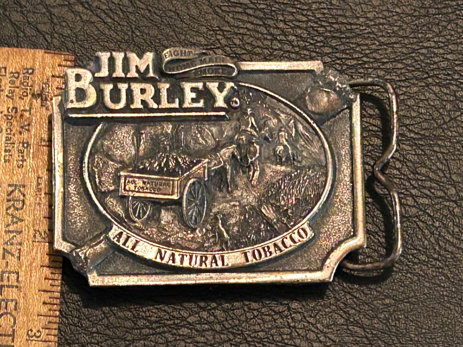 Vintage Jim Burley All Natural Tobacco belt buckle, 1980s, brass