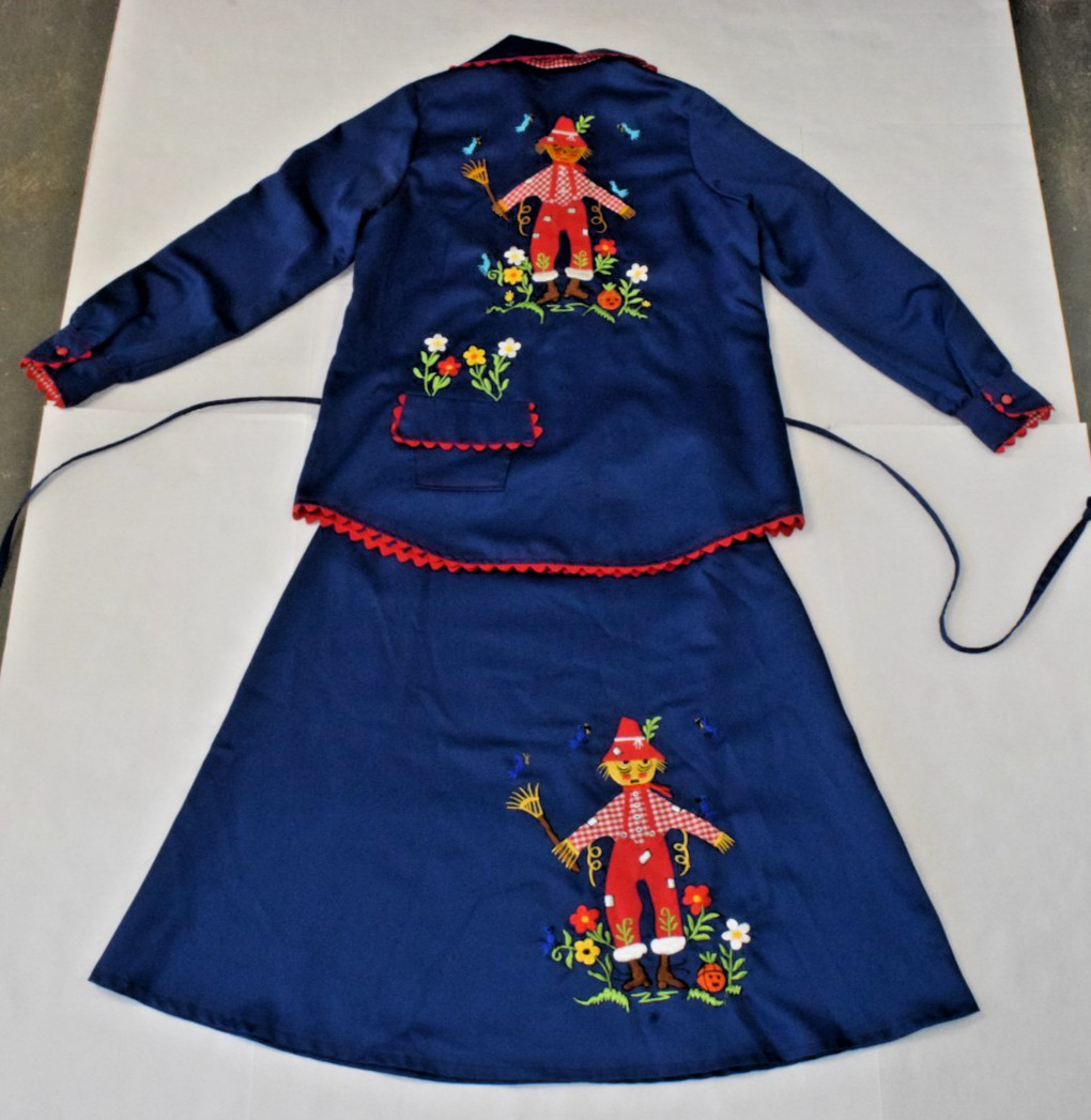 Vintage Shirt Wrap Skirt Set M/L 60s Mod Country Scarecrow Flower Pots OOAK