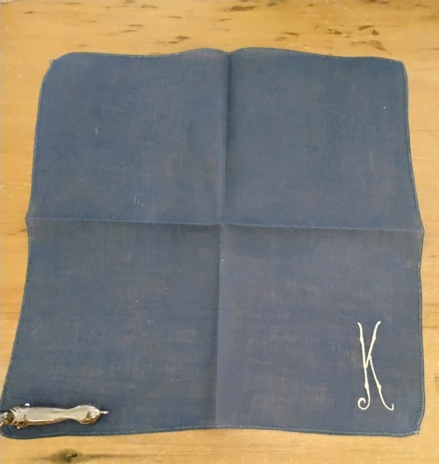 Vgt K Monogram Ivory Embroidery Faded Navy Cotton Hankie