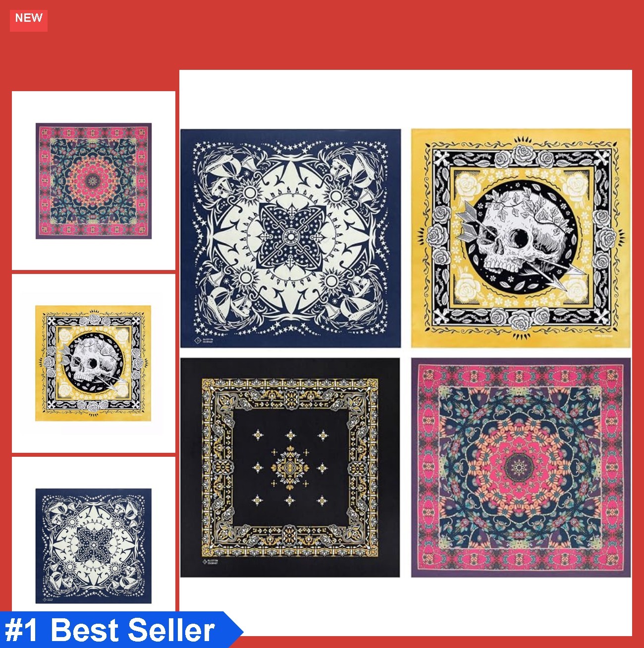 Cotton Bandana 4 Pack 22×22 Inches Vintage Graphic Print Unisex Headband Neck