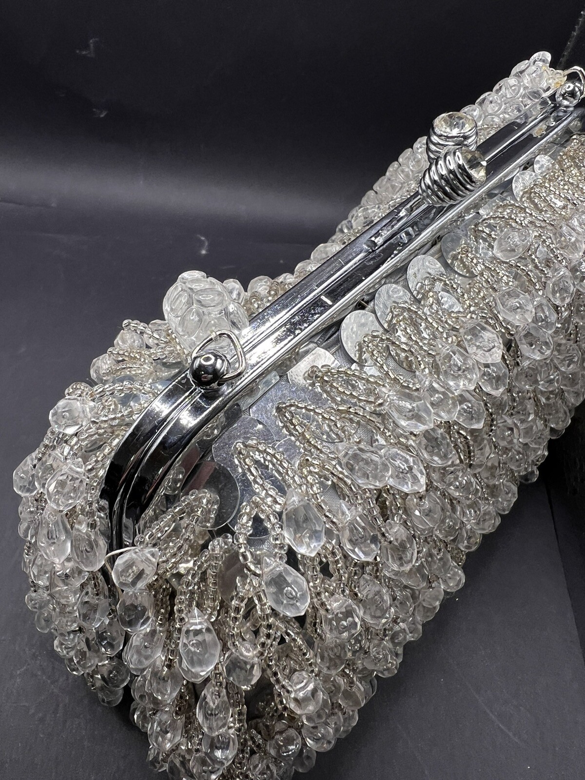 Vtg Beaded HandBag Silver & Clear Evening Purse Hong Kong Prom Wedding 60s 70s