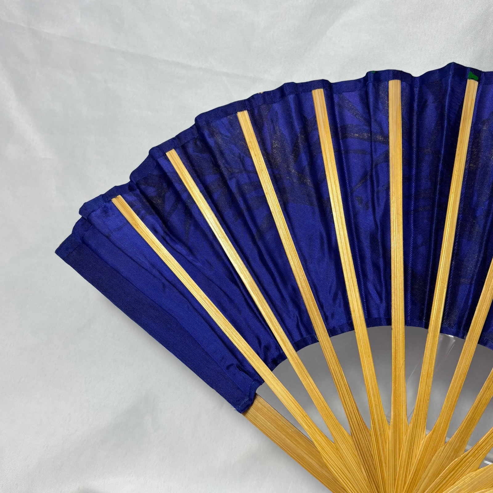 Blue Synthetic Folding Fan Hand Painted Gold Leaves & Bird Bamboo Thailand