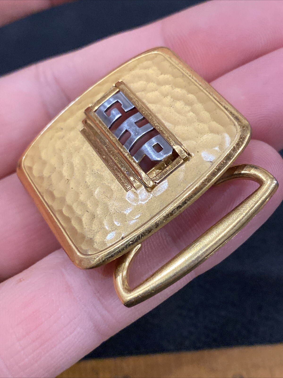 Vtg Art Deco Swank deluxe gold plate retro belt buckle Hammered Bronze GHP Mono