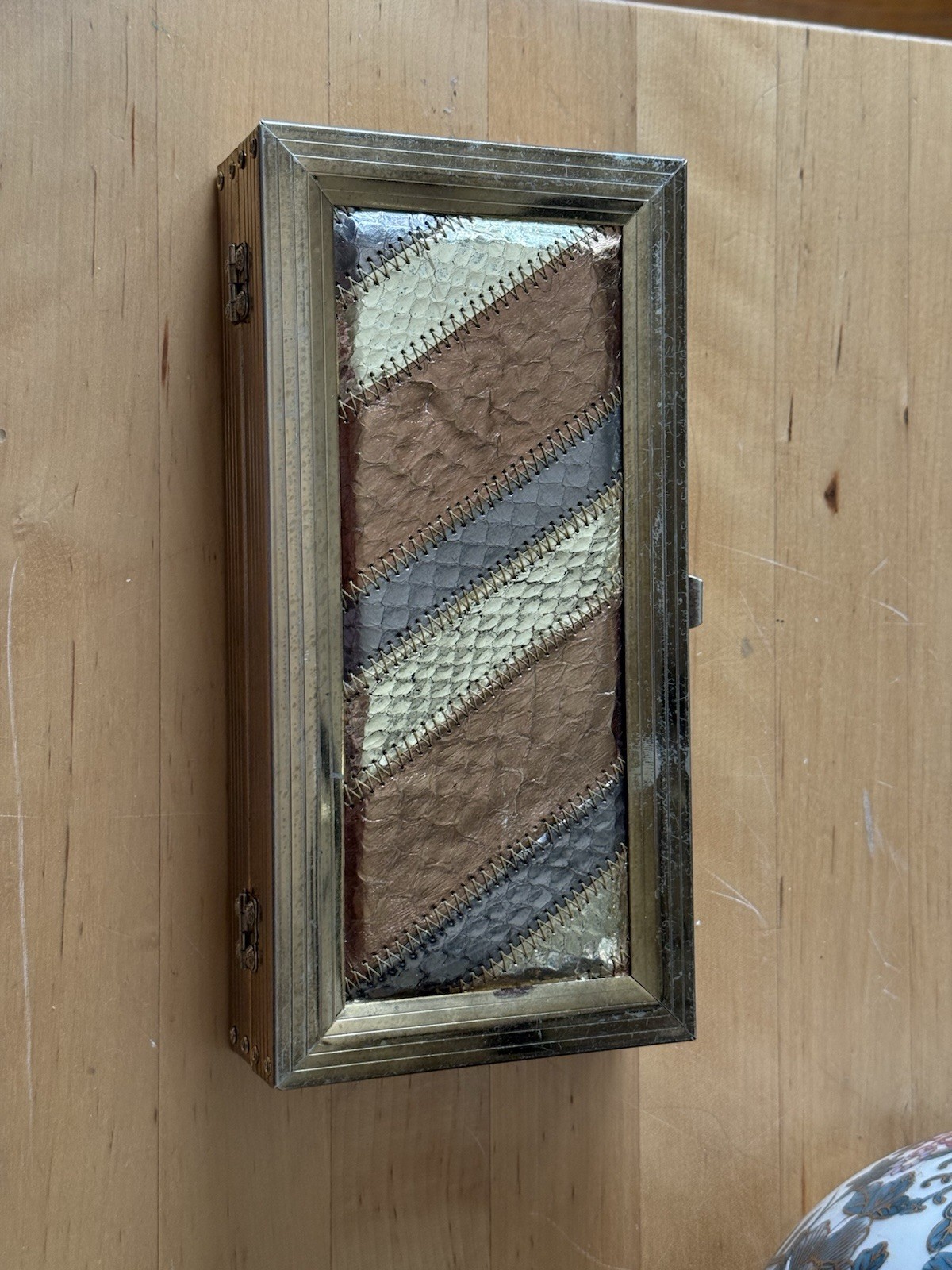 Vintage 1970’s Margolin, Patchwork Snakeskin W/Gold Tone, Box Clutch