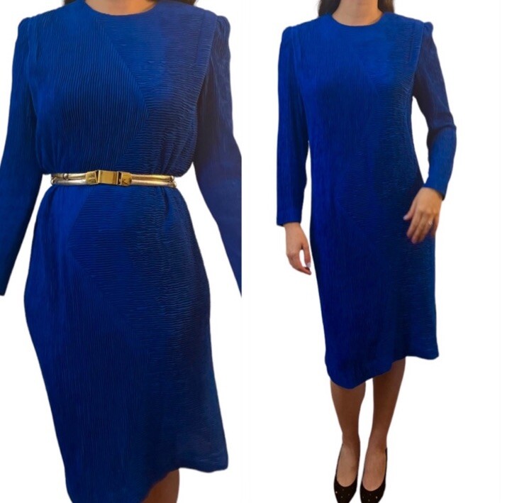 1980’s Leslie Fay Blue Long Sleeved Dress, So Glam! Made in the USA, Size 14/M/L