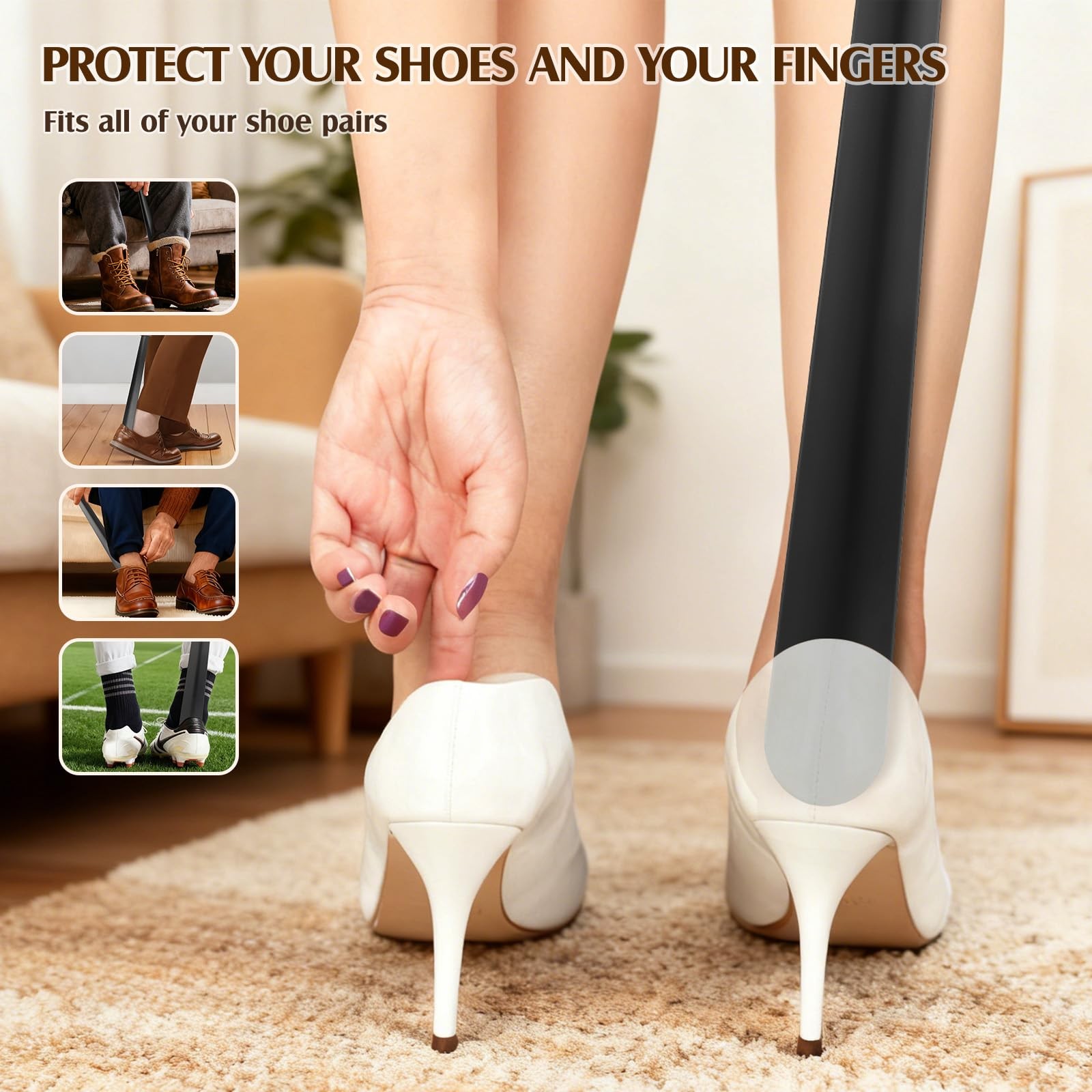 16.5 Inch Long Handle Metal Shoe Horn Boots Helper Seniors Men Women Brown