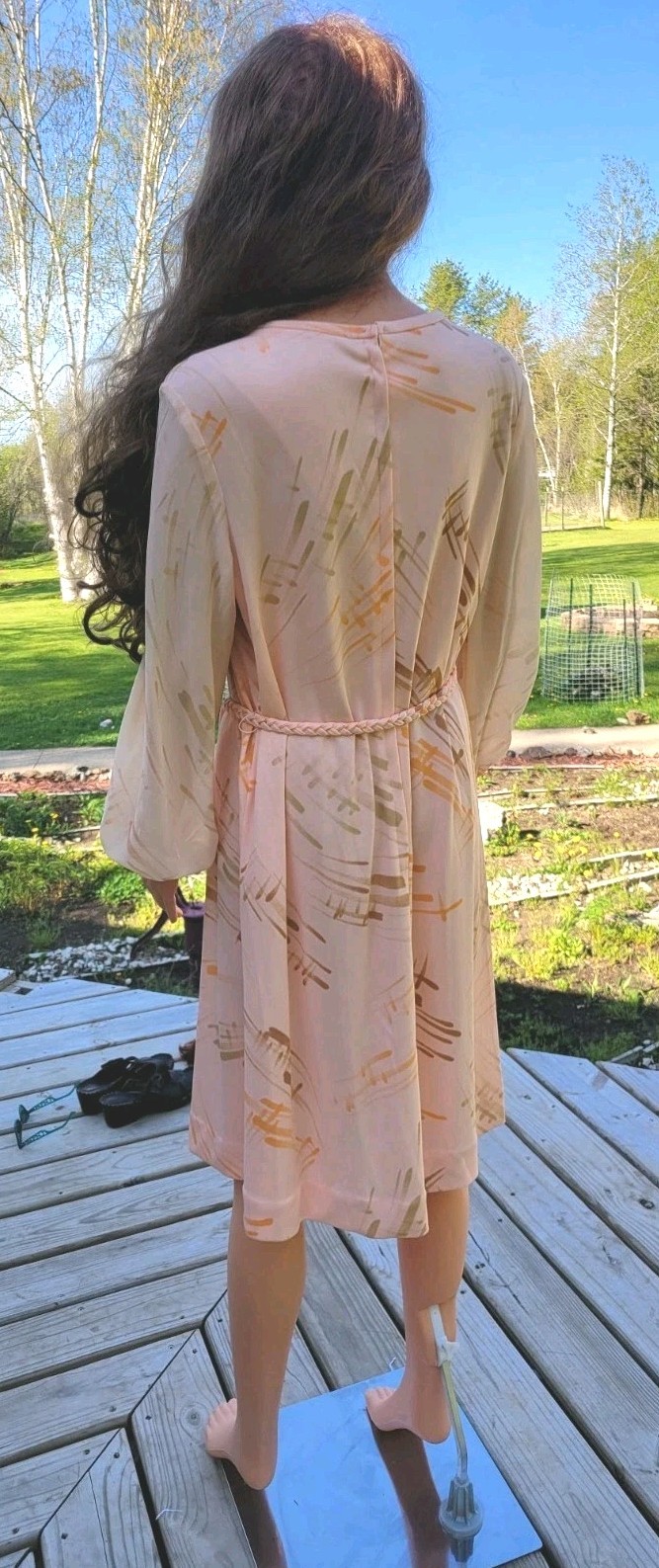 Vintage 70s Abstract Print Midi Dress Pink Peach Sheer Long Sleeve Braided Belt
