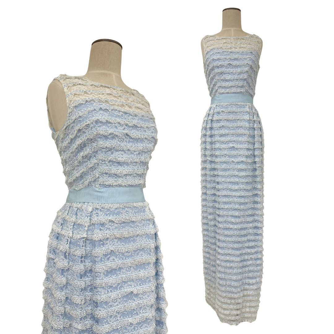 Vintage 1960s Nadine Tiered Ruffled Lace Blue Ribbon Maxi Dress