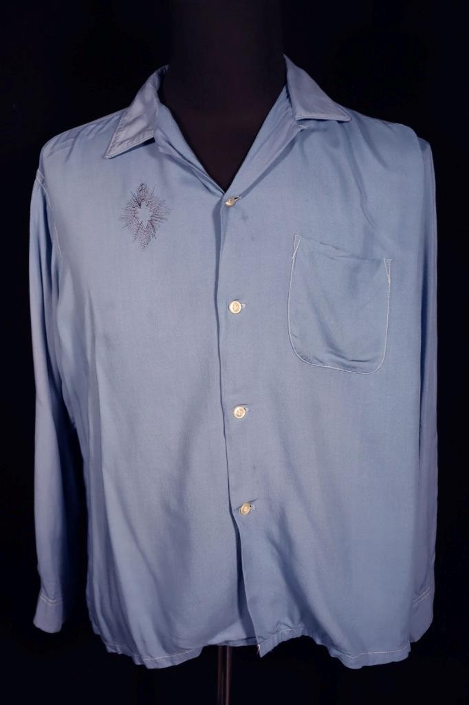 Vintage 1950’s Penny’s Blue Rayon Gabardine Shirt Size Large Good Condition