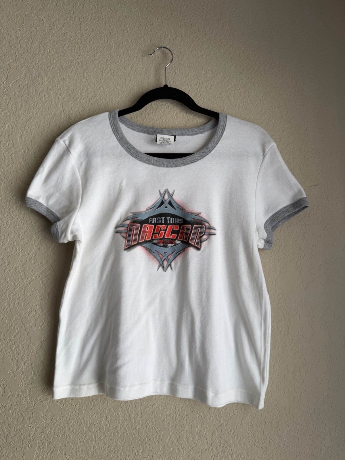 Vintage 2000s Y2K NASCAR Fast Toys Women’s White And Grey Ringer Tee Size L