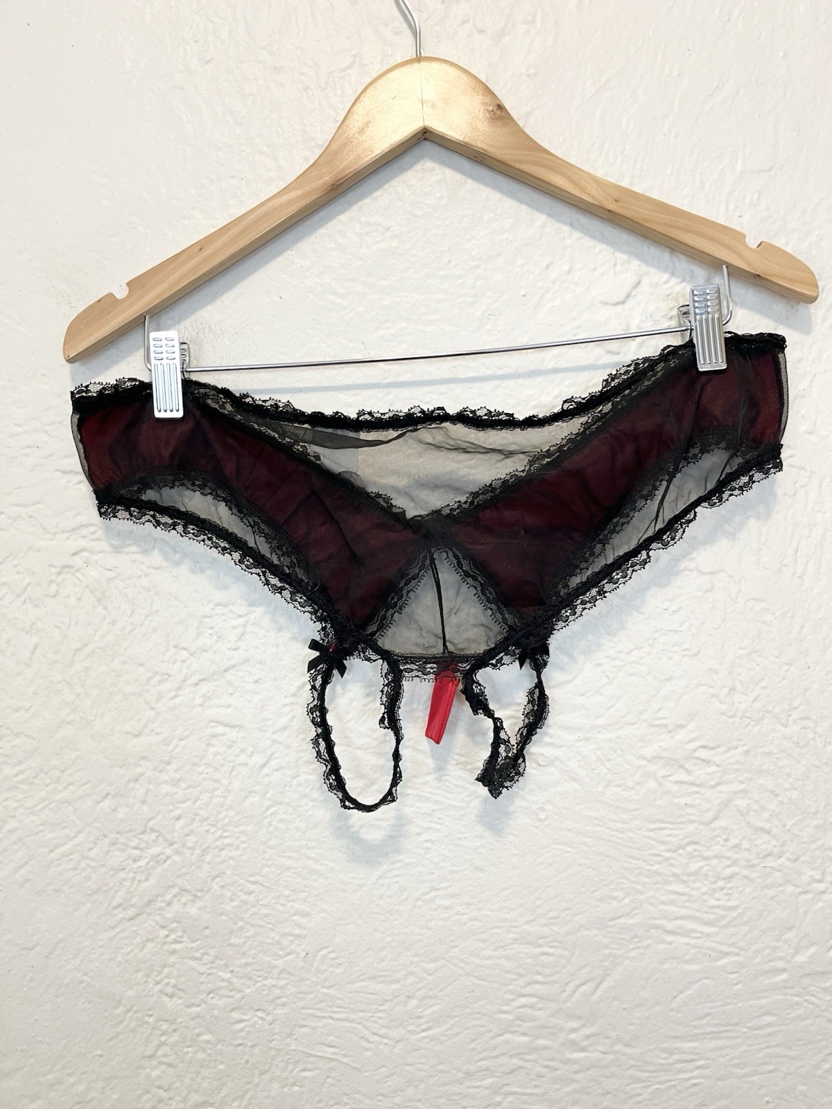 Vintage 90’s Fredericks of Hollywood Panties Crotchless Black Red Satin Sheer OS