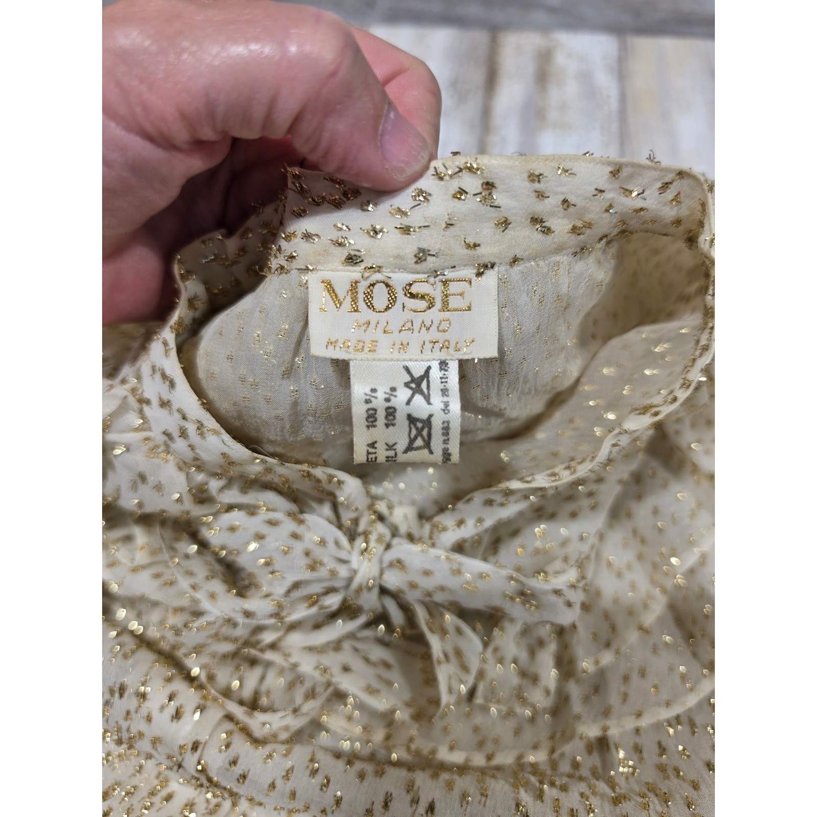 Mose Milano Vintage Silk Gold Metallic Ruffle Blouse Accordion Pleat Skirt Set