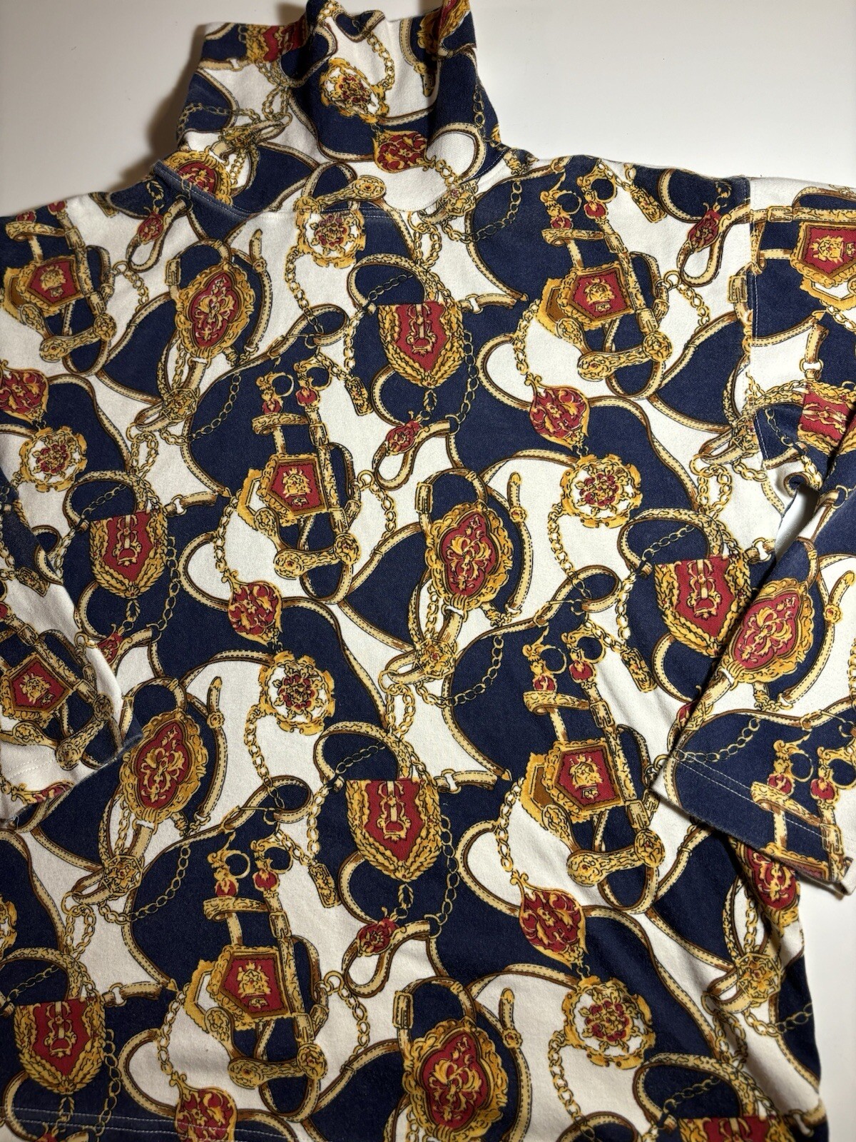 Glam Rock 80s Mod VTG M Christina Woodward Lothrop Turtleneck Shirt Gold Chains