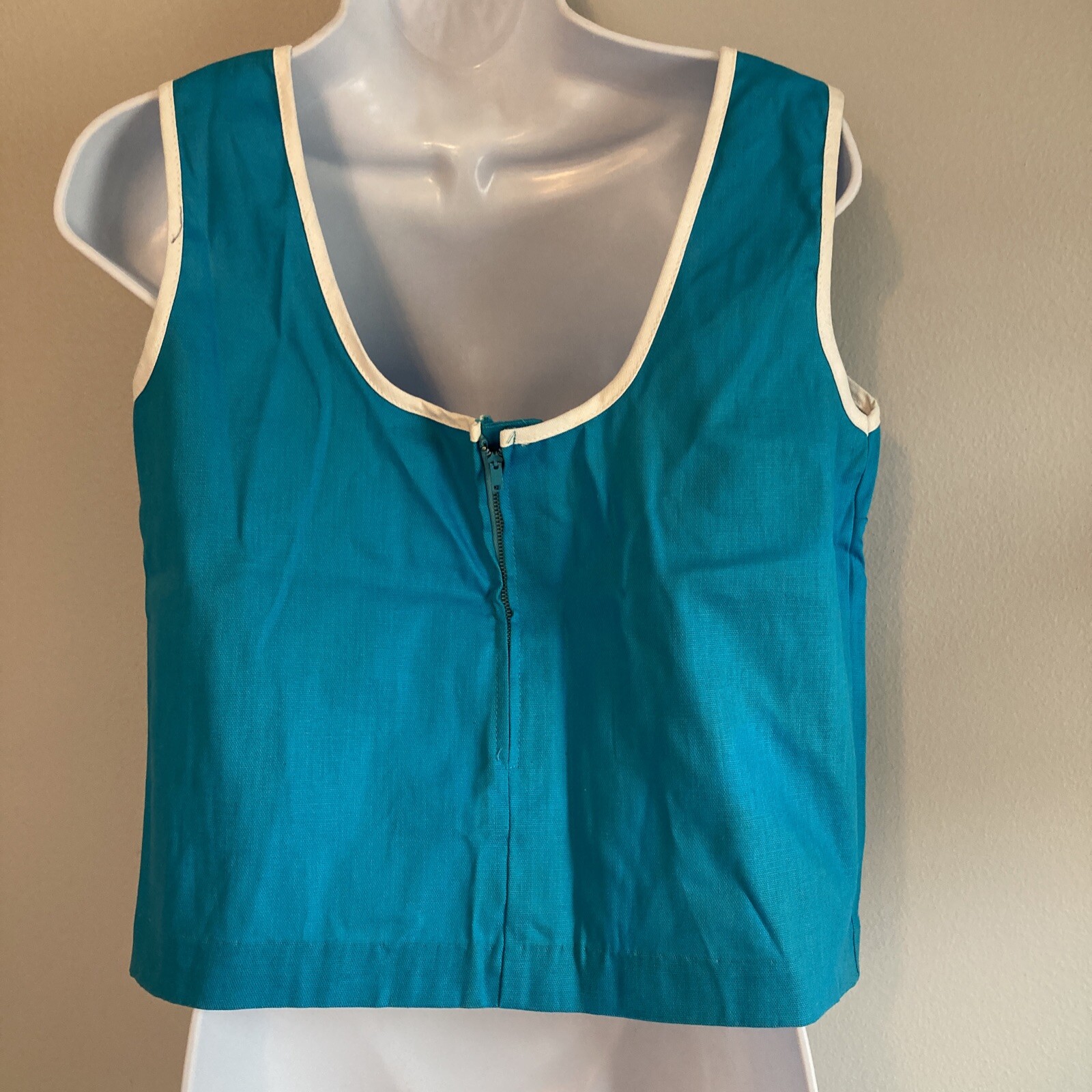 Vintage 1960s Sleeveless Crop Top Teal Blue Cotton Linen NWT