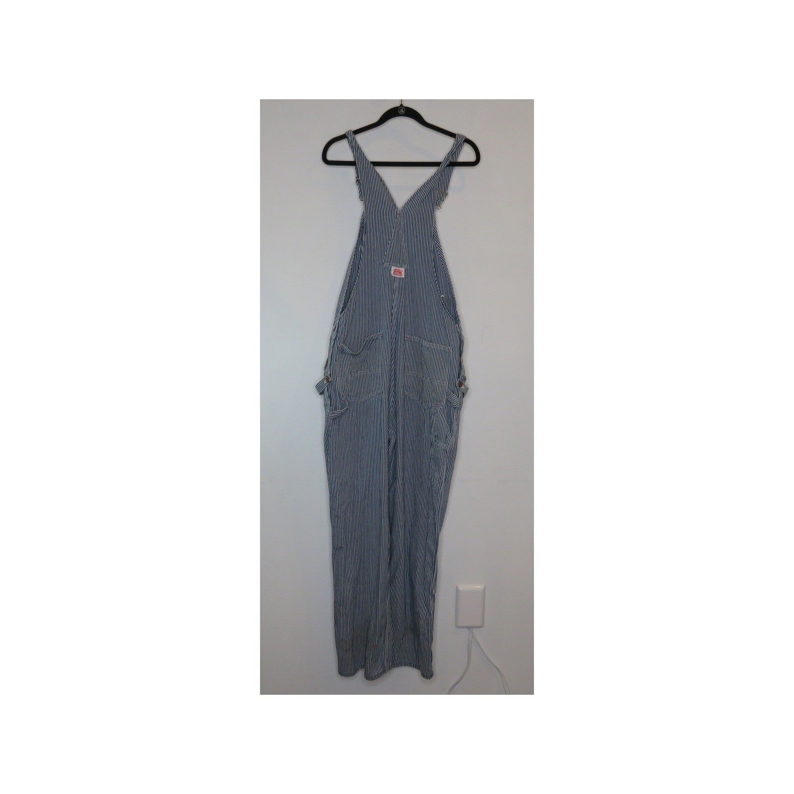 Vintage Round House Bib Overalls 38×32 Blue White Striped Straight Leg Outdoor