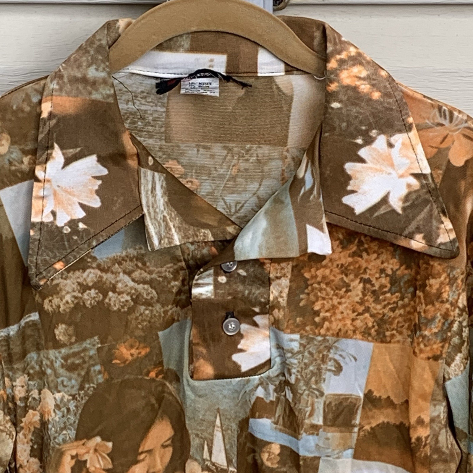 Vtg 70s Hawaiian Themed All-Over Print Shirt Lrg LS 2 Button Disco Acetate/Rayon