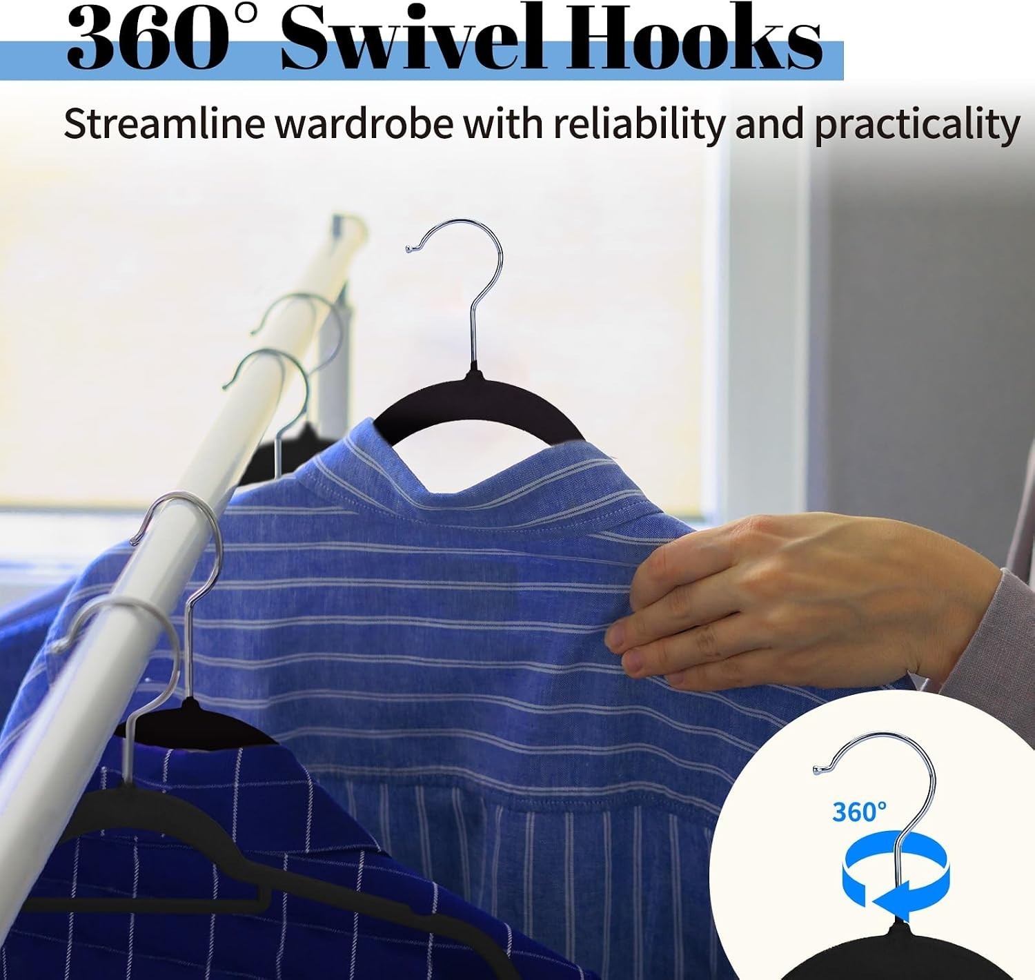 Velvet Hangers Space Saving Clothes Hangers with Tie Bar, Non 20 Pack Black