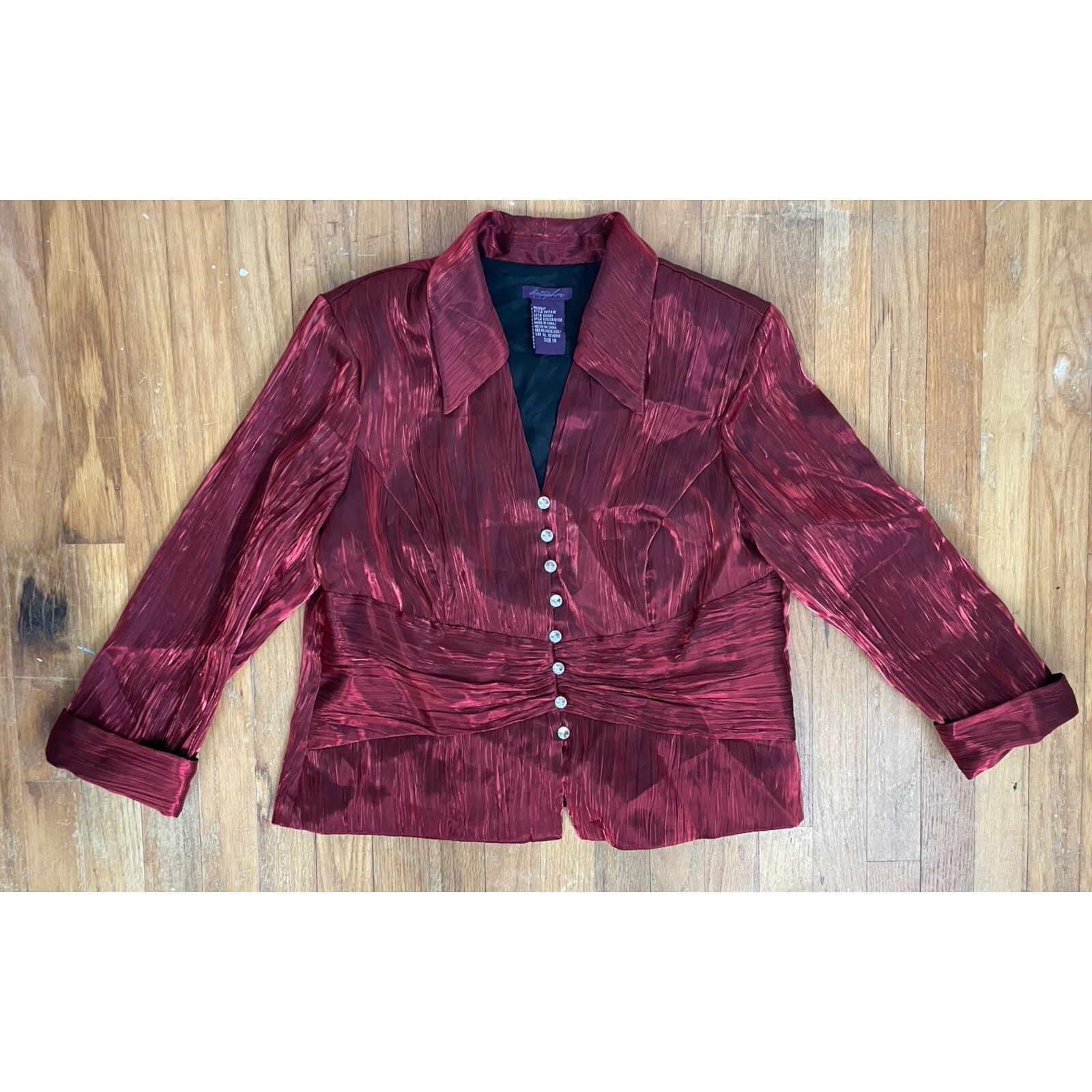 Vintage Blouse Special Occasion Dressy Button Front Size XL Shiny Red 3/4 Sleeve