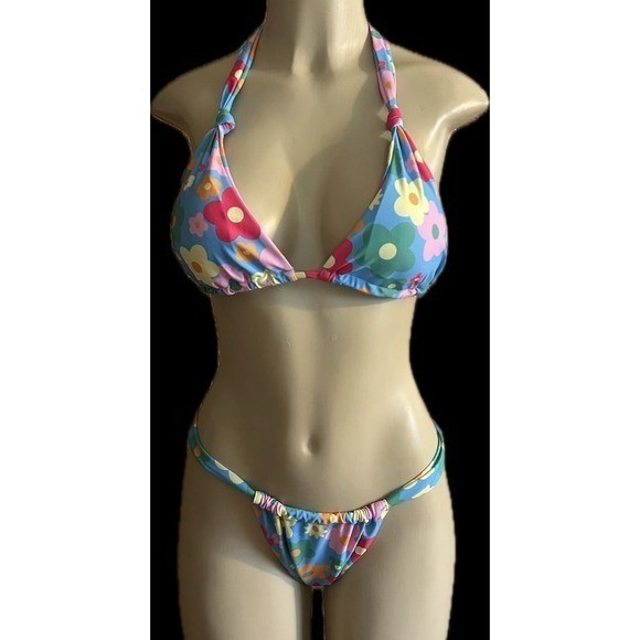 Retro Floral Triangle Bikini Set Blue Pink Daisy Print Halter Two Piece Swimsuit