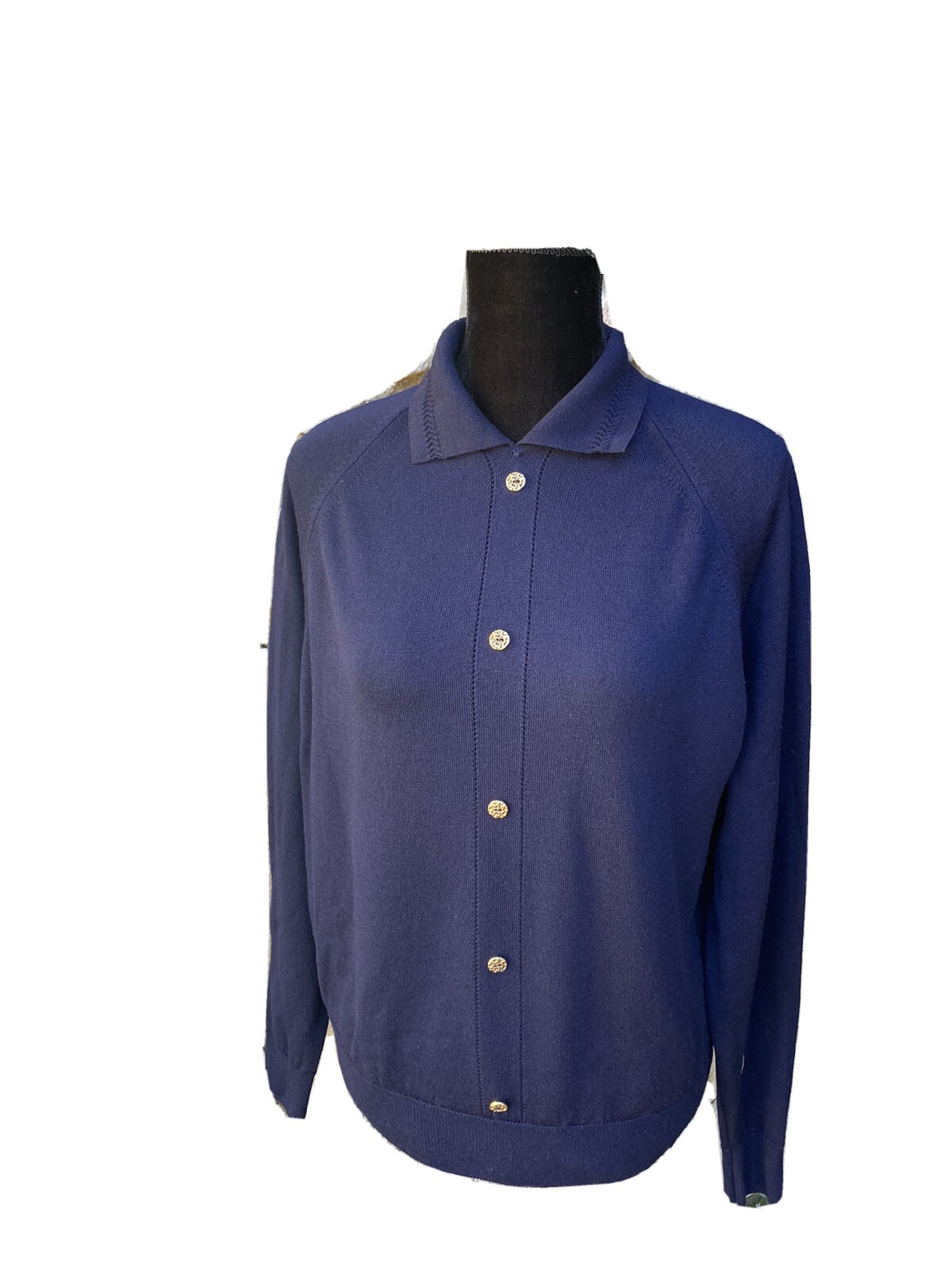 Vintage DUNEDIN Cardigan Sweater Large Navy Blue Gold Tone Buttons British Isle