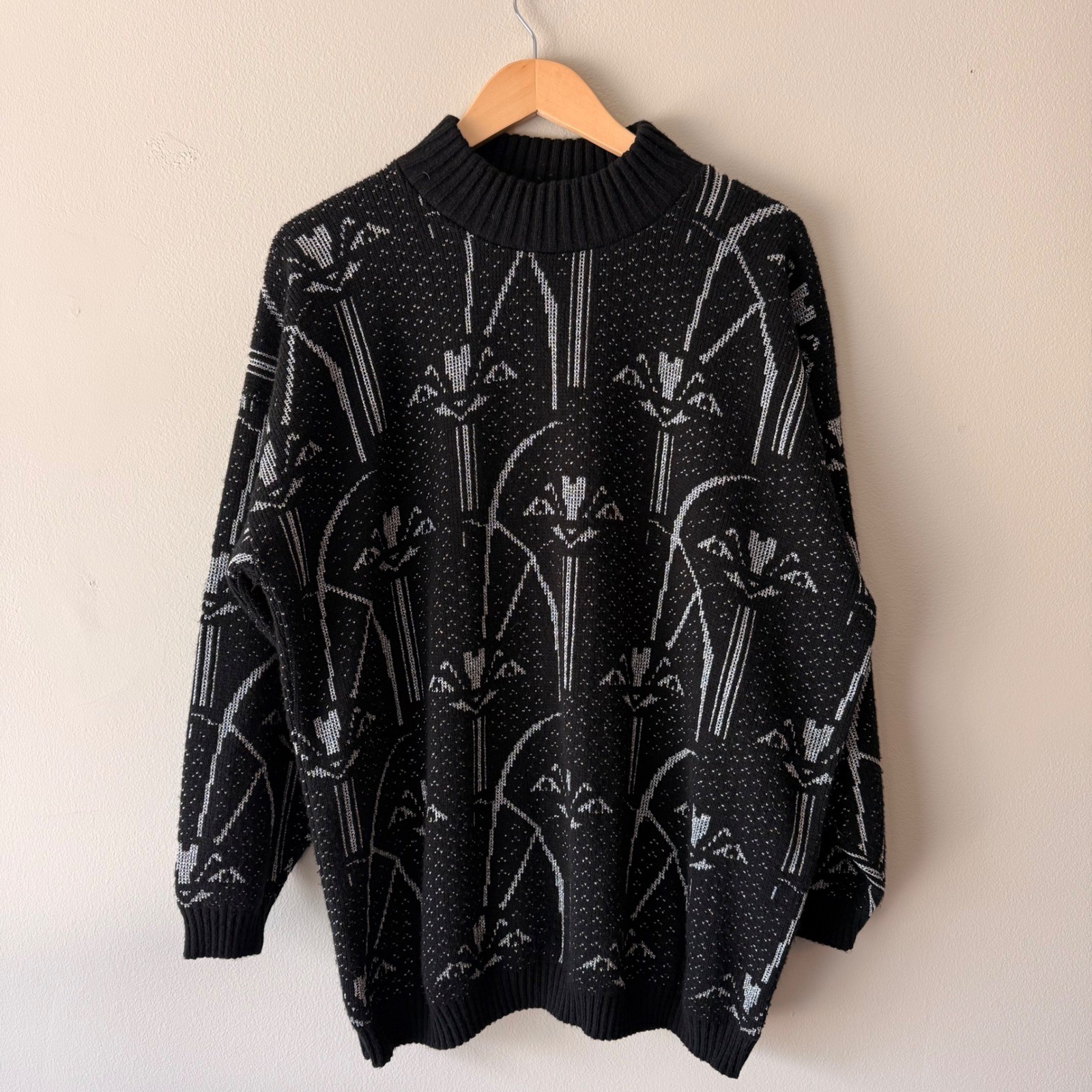 Vintage 80s 90s Jolie Made In USA Black Silver Crew Neck Long Sleeve Sweater