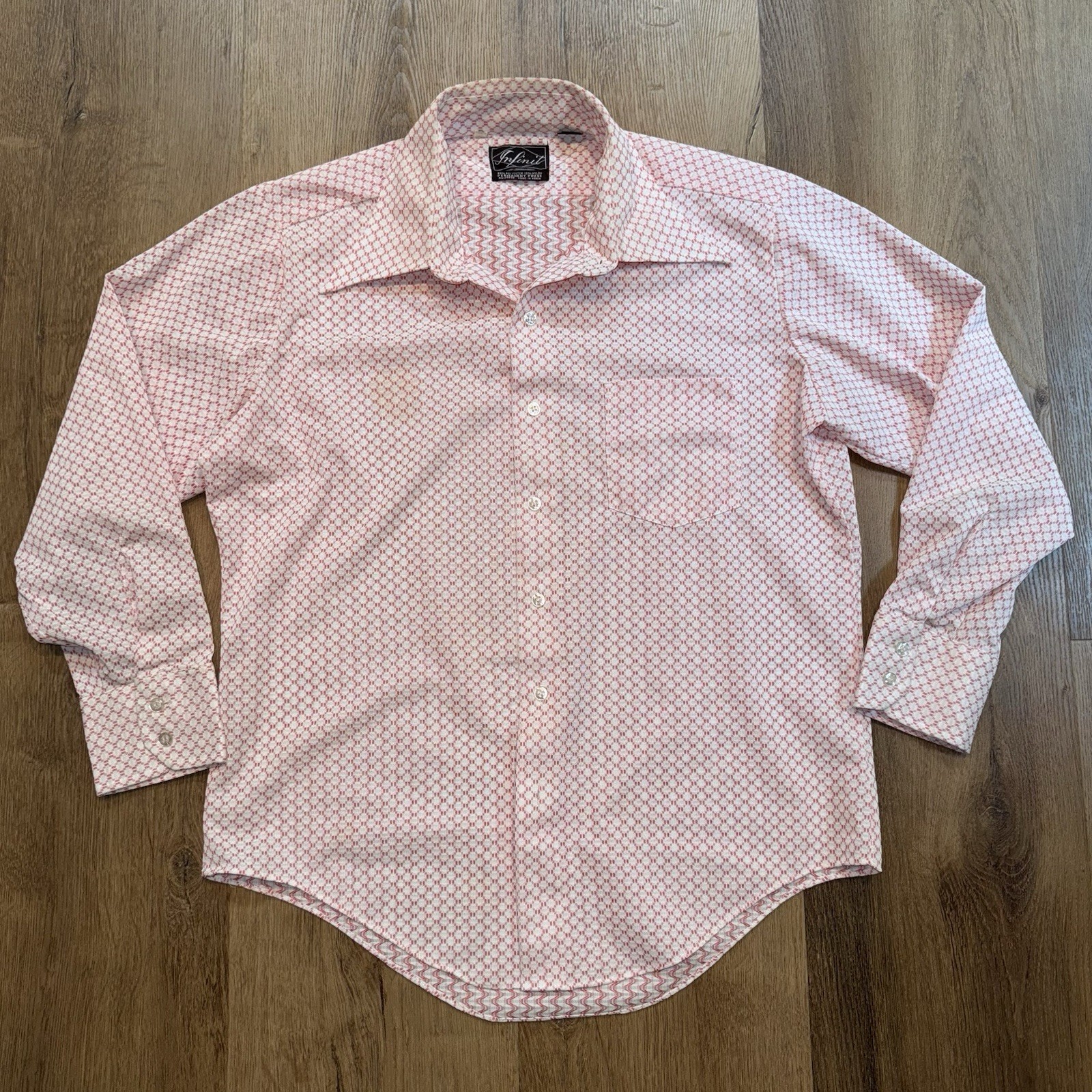 Vtg 60s 70s Infinit Dress Shirt Knit Polyester Nylon Disco Mod Large Mens 16 31