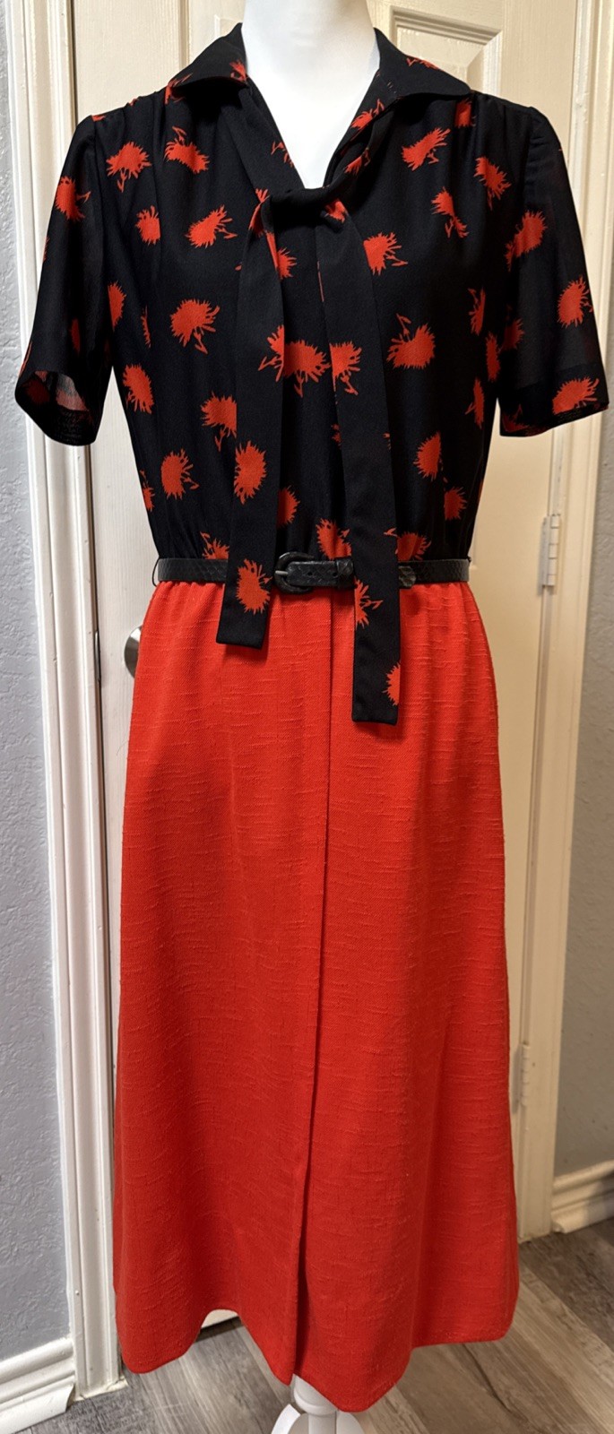 Vintage 1960’s Red Mod GOGO Secretary Dress High Waist Midi Belt Scarf Tie