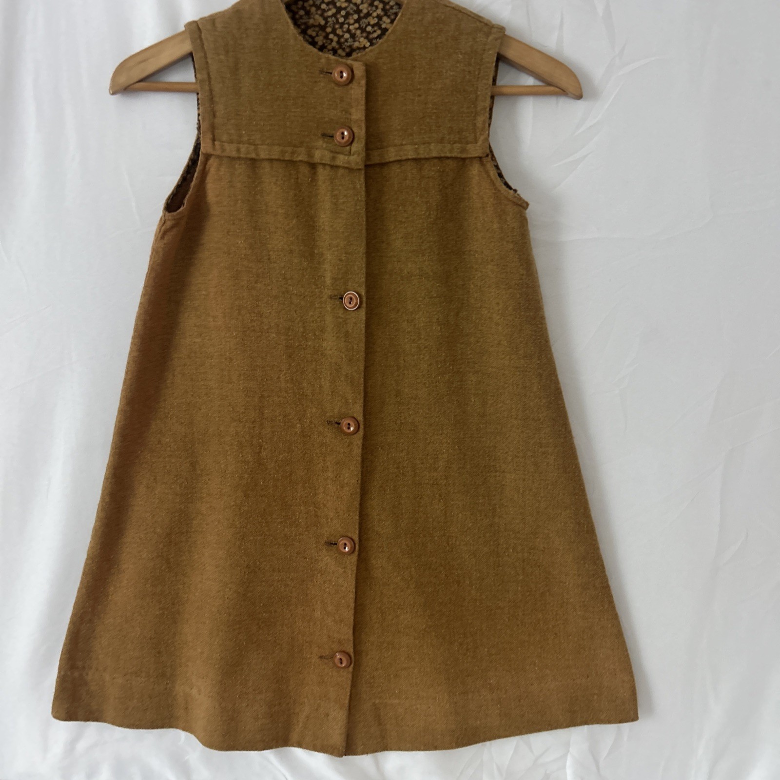 Vintage 1960’s Girl’s Brown Cotton/Linen Button Up Dress Size-M Rustic Farm