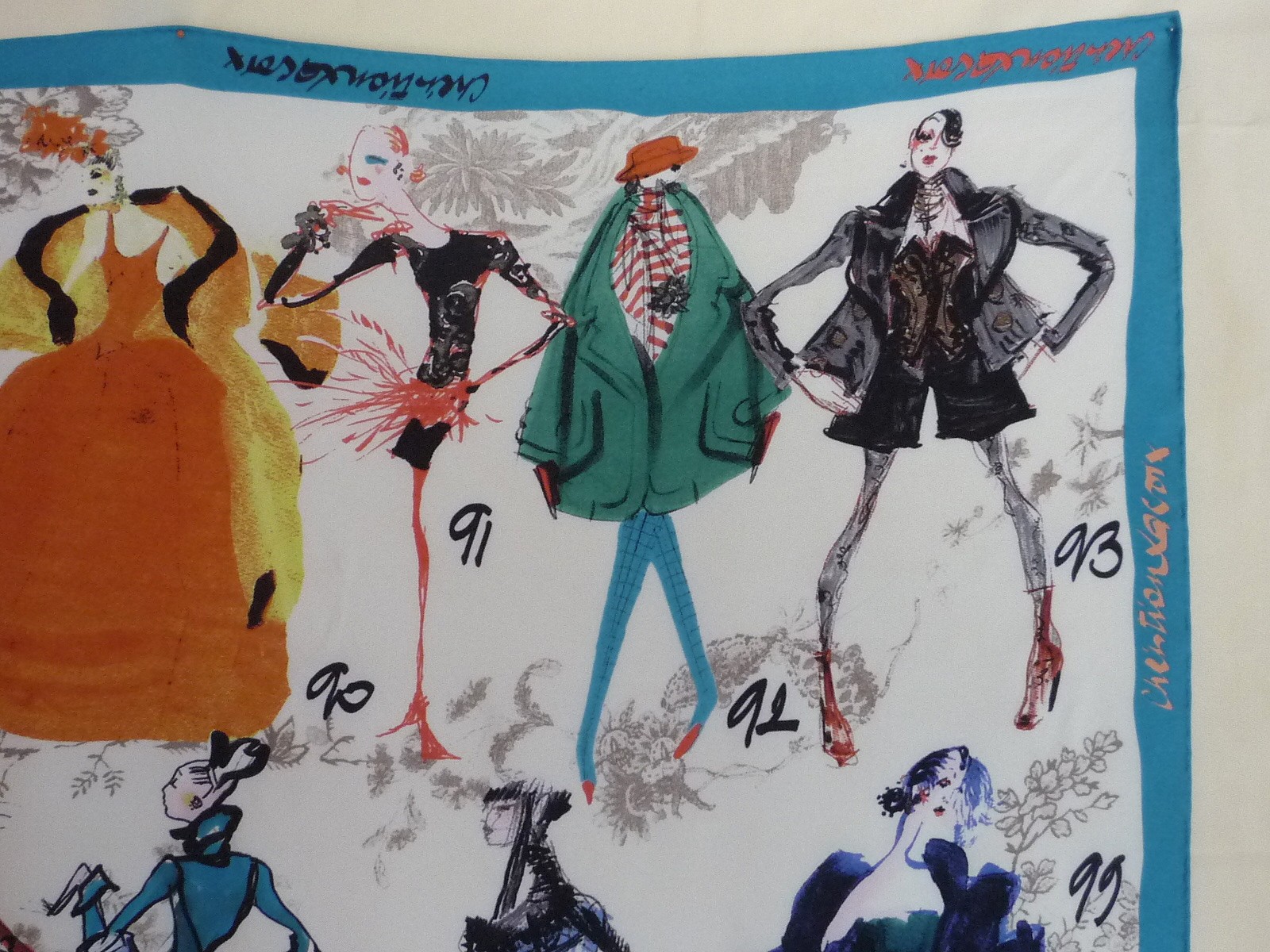 Vtg Christian Lacroix Silk Scarf Fashion Models 1987 thru 2006 Signed Border