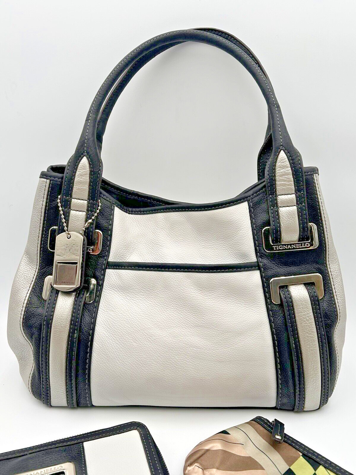 Vintage Tiganello Purse White, Black/Silver w/matching wallet and cosmetic bag