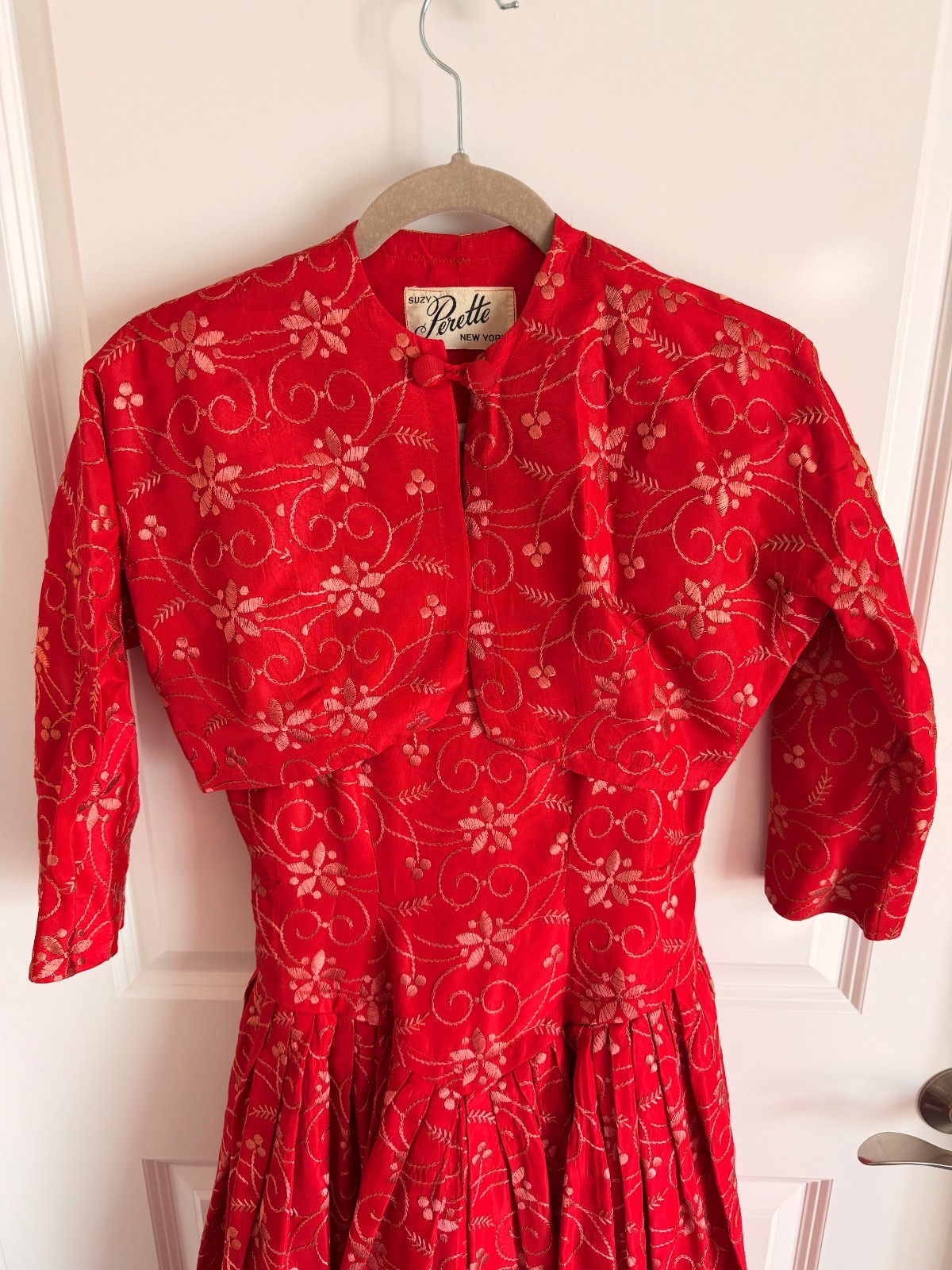 Vintage 1950s Suzy Perette Red Embroidered Drop Waist Dress AND Jacket NEW YORK
