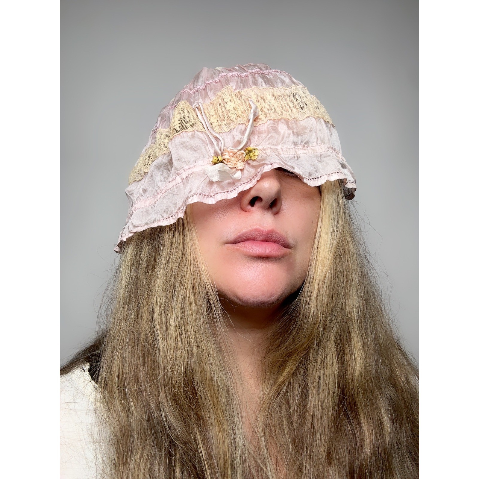 Vintage 1900s Silk Boudoir Cap Lace Edwardian Pink Ribbon Floral Lingerie Hat