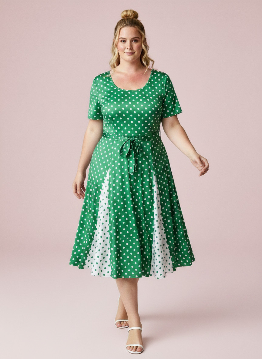 Vintage 70s Unworn size XL Midi Dress Green Spots Fit & Flare ‘Osti’ tags