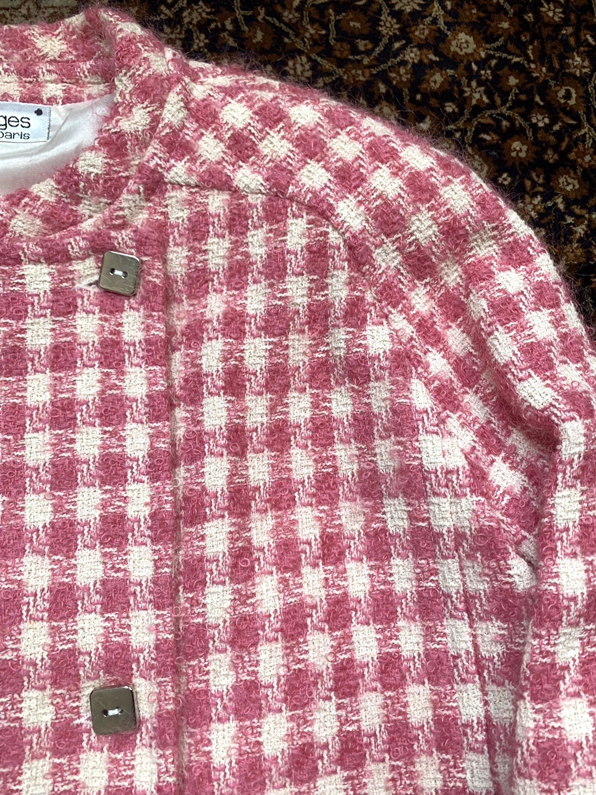 Vtg Courreges Skirt Suit Mohair Boucle Tweed Pink White Checks Womens 40 France