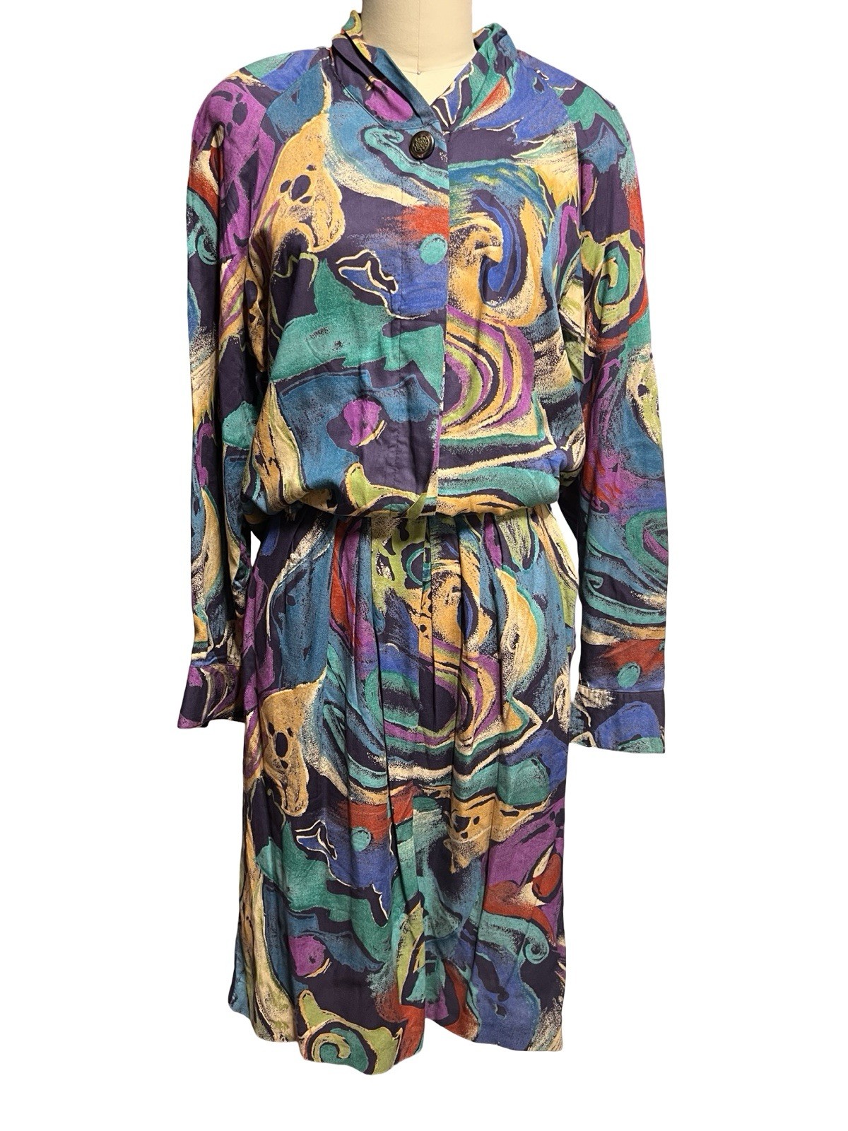 Vtg 80s Studio Image Rayon Blouse Skirt 2 Pc Set Colorful Geometric Print Sz M