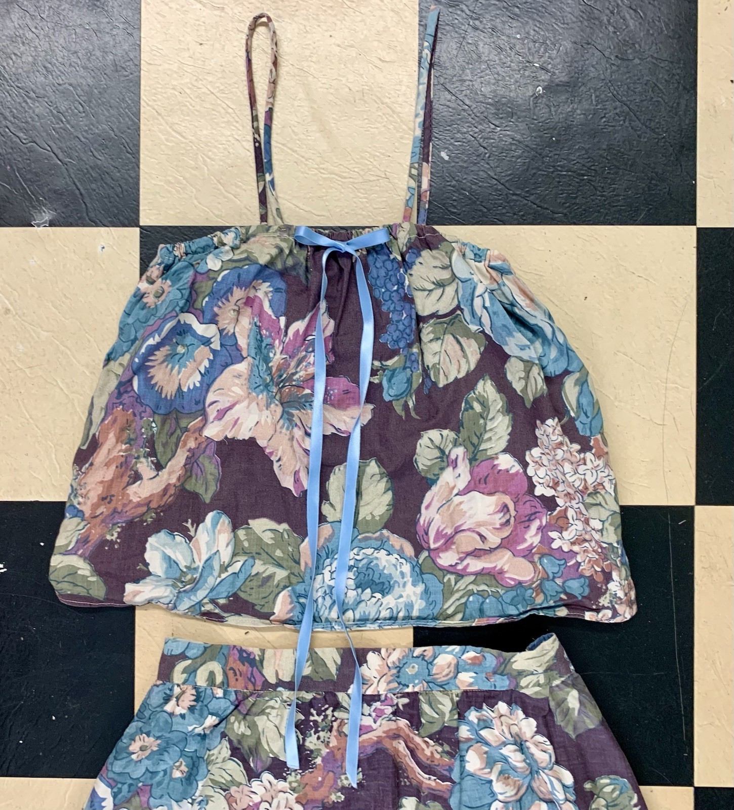 Vintage Neusteters Floral Top And Skirt Combo Satin Ribbon High Waisted Small.