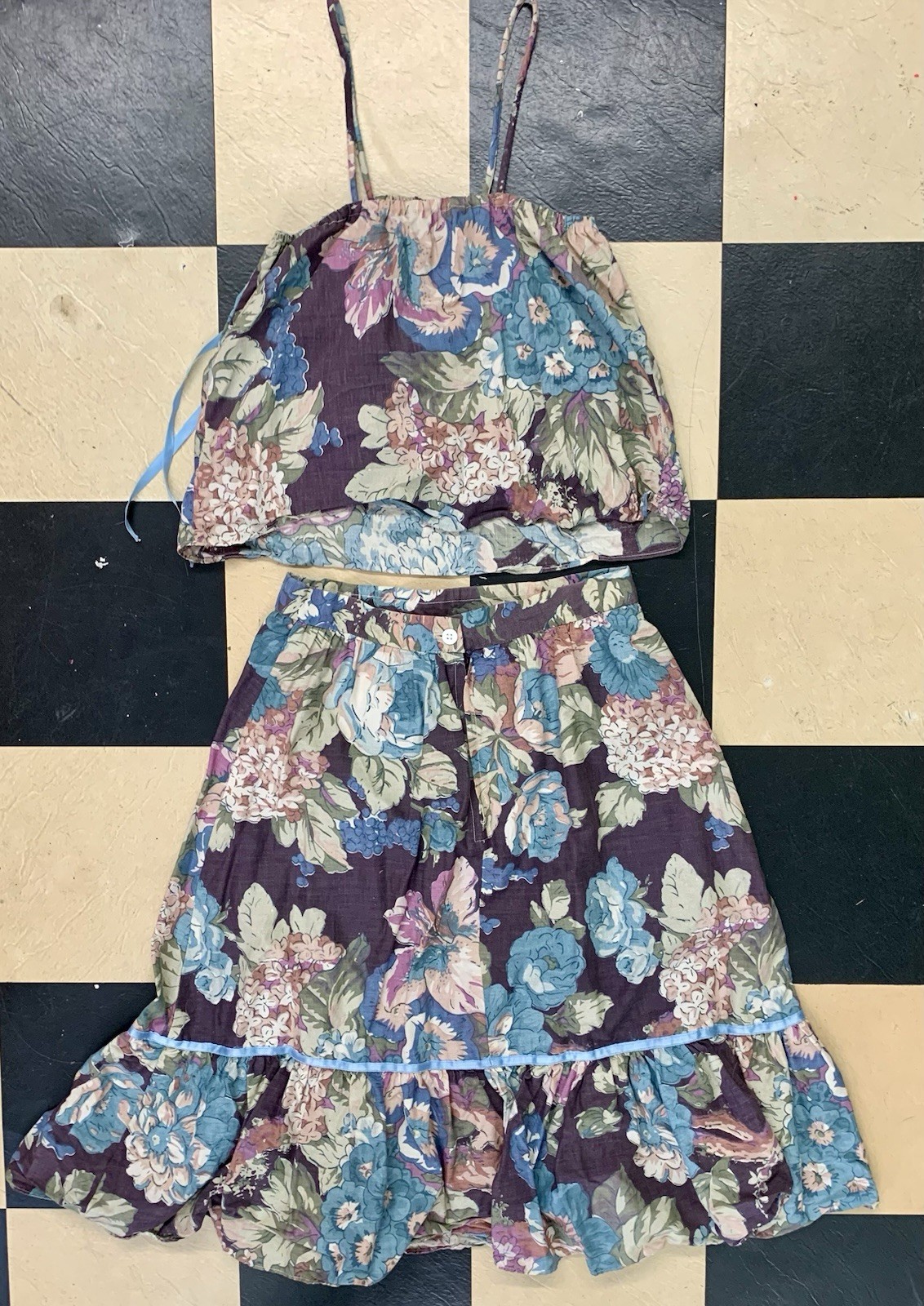 Vintage Neusteters Floral Top And Skirt Combo Satin Ribbon High Waisted Small.