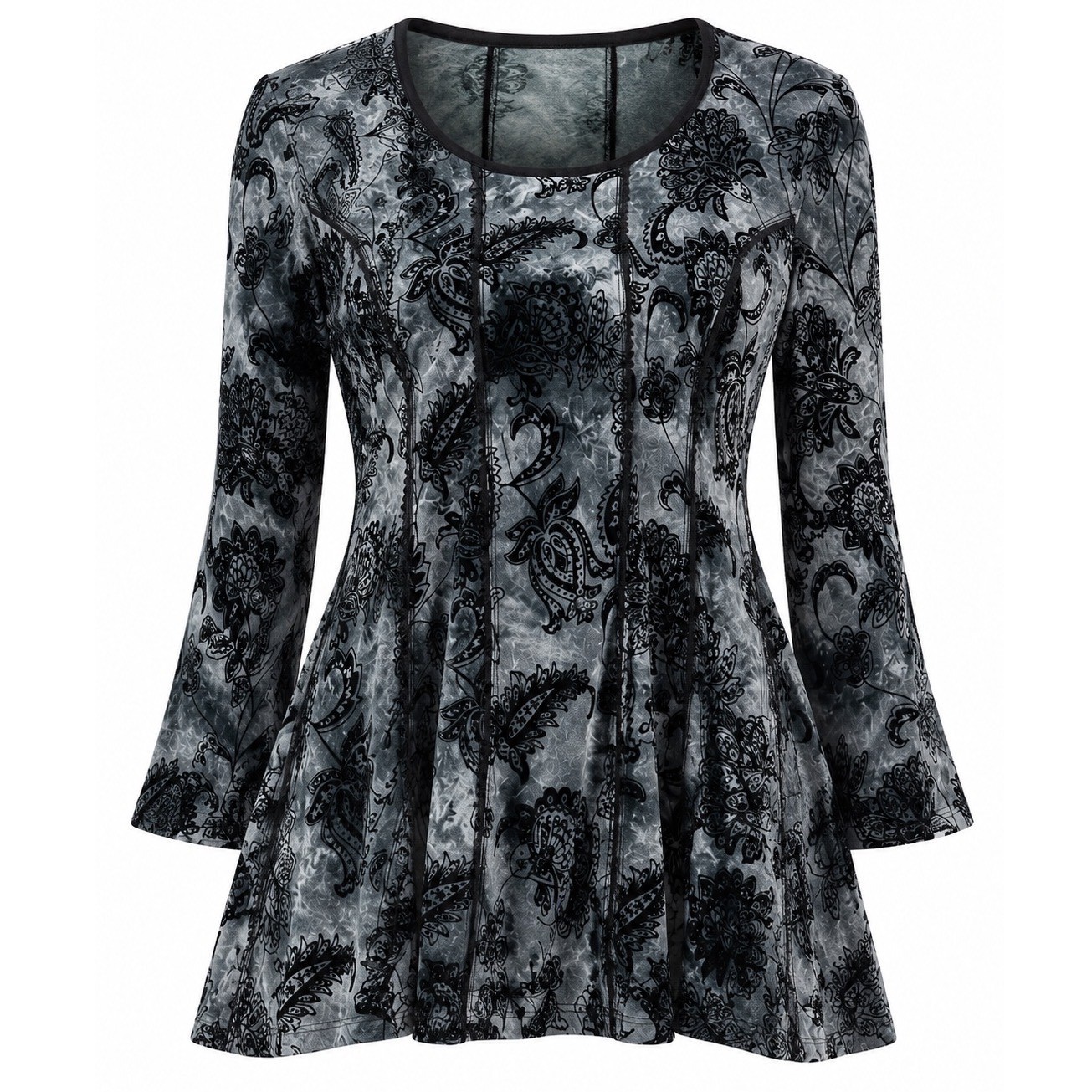 Y2K Fairy Grunge Black Burnout Velvet Top XL Floral Boho Bell Sleeve Whimsigoth