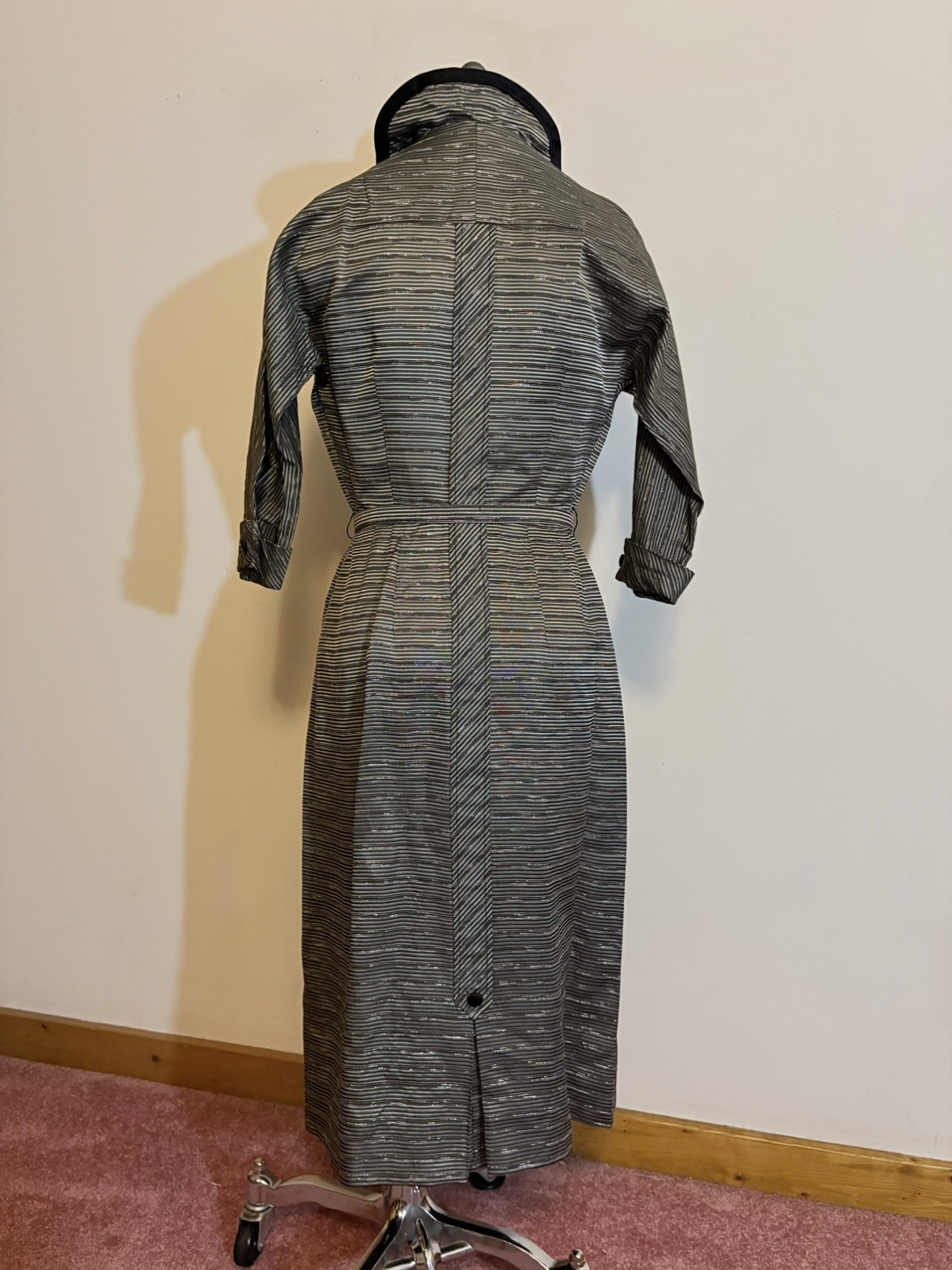 Vintage 1950s Women’s Black & Silver Striped Button Up Dress Dolman Sleeves