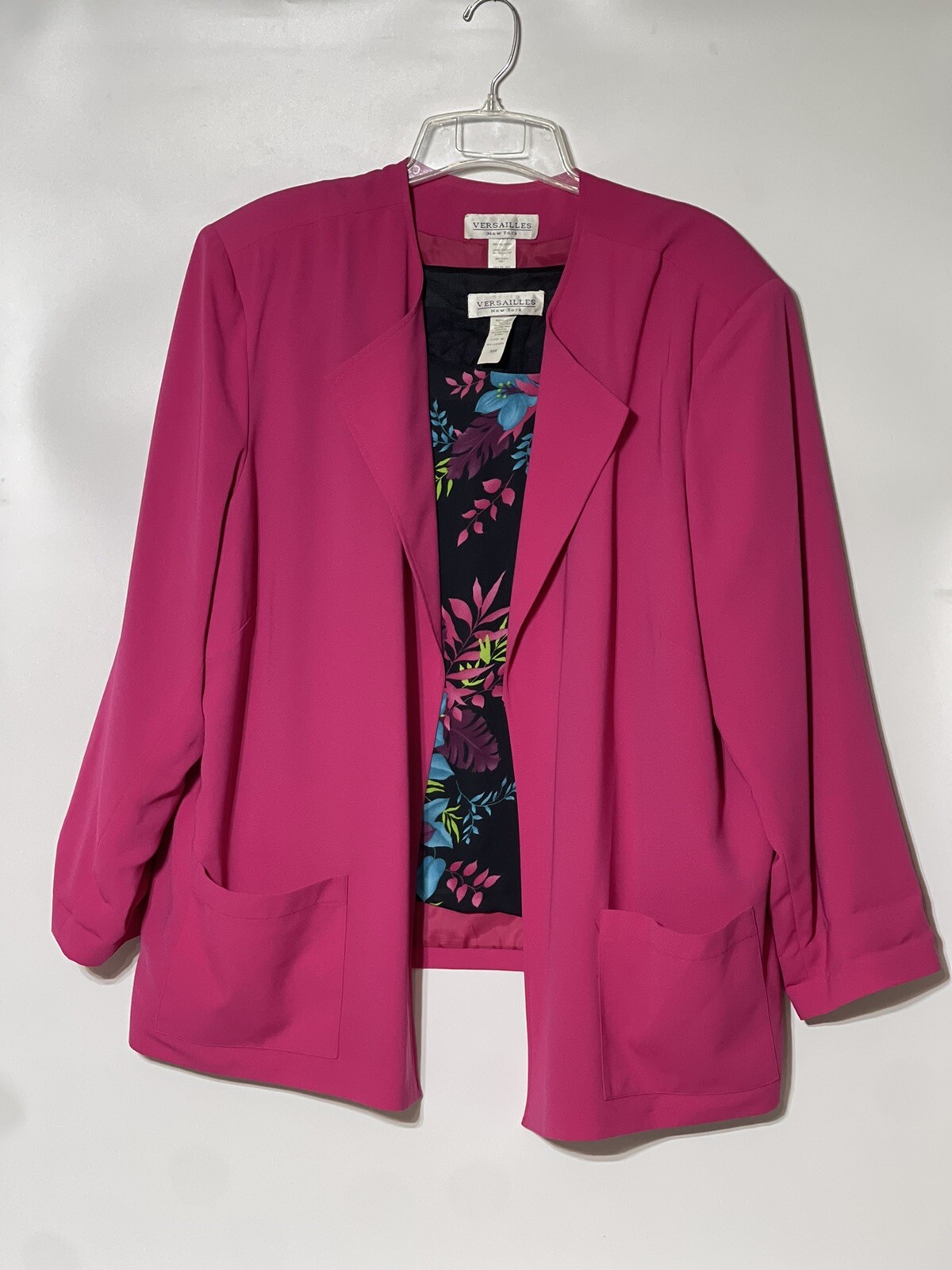Vintage 80s Womens Plus 30W Top Blazer Shoulder Pads Hot Pink Tropical Floral